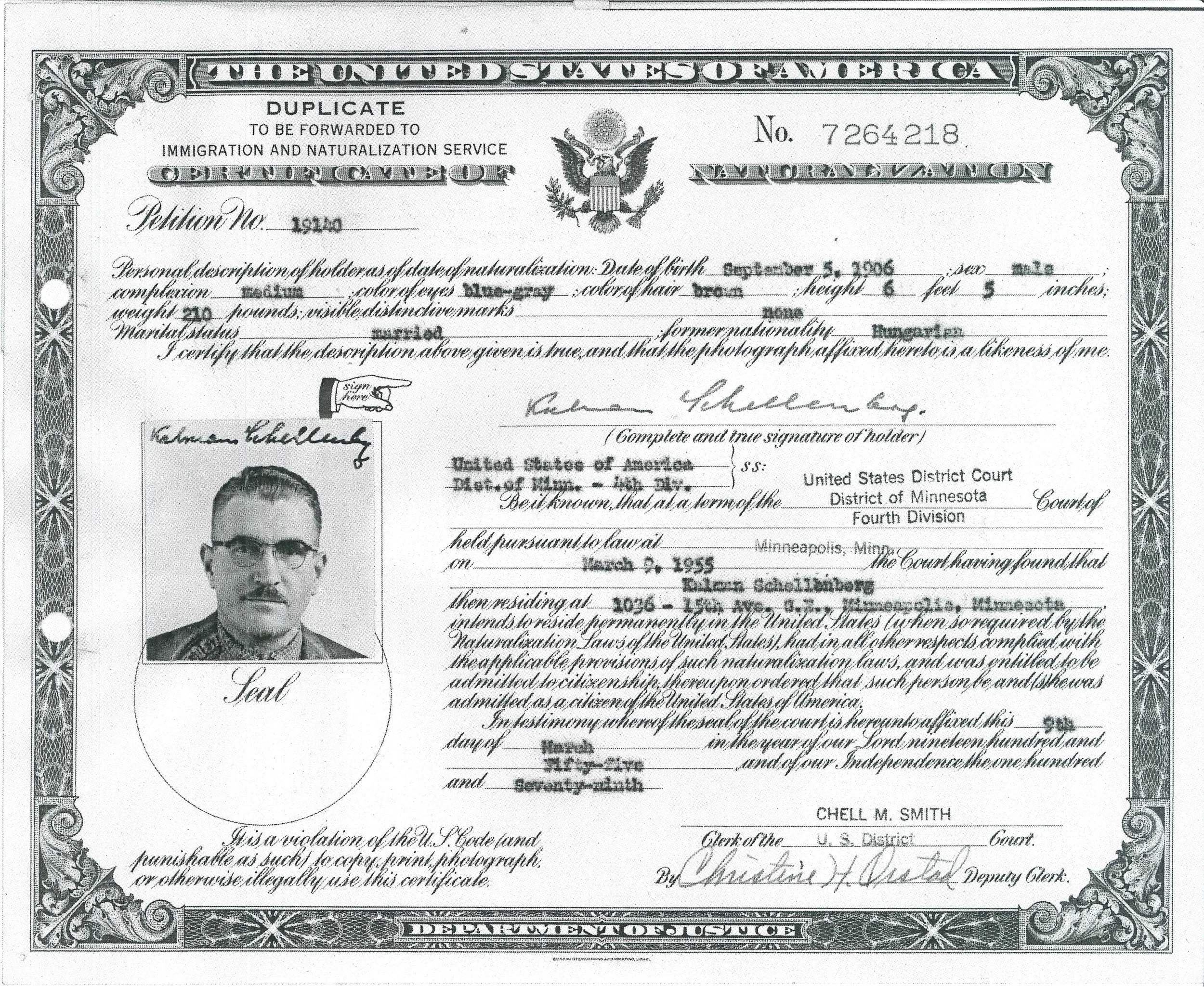 Kálmán Ede Schellenberg 1955 United States naturalization Minneapolis, Minnesota