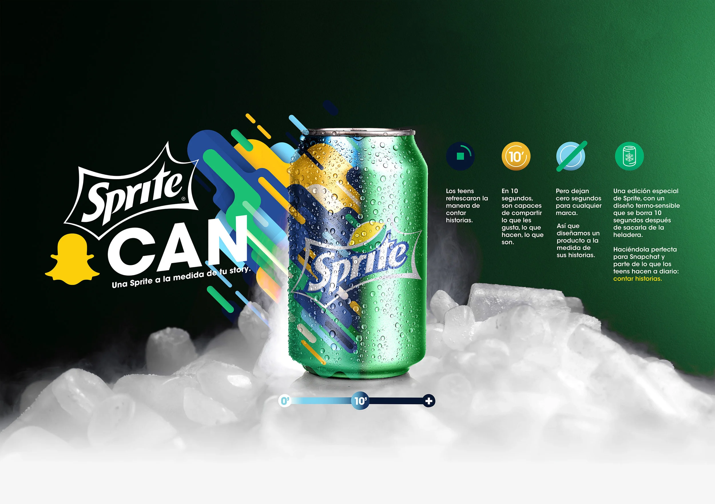 SNAPCAN Teens refreshed the way of telling stories. In 10 seconds, they are able to share what they like, what they do, what they are. But they leave zero seconds for any brand. So we designed a product tailored to their stories. A special edition of Sprite, with a thermo-sensitive design that is erased 10 seconds after removing it from the refrigerator. Making it perfect for Snapchat and part of what teens do every day: tell stories.