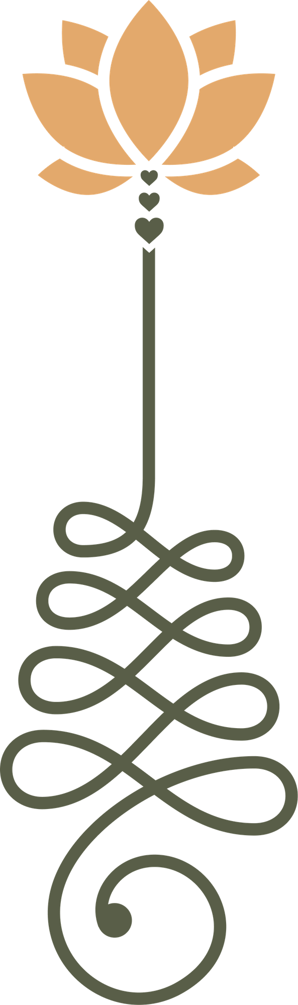 A stylized flower with beige petals, three small dark green hearts in the center, and an elongated, curvy stem with loops.