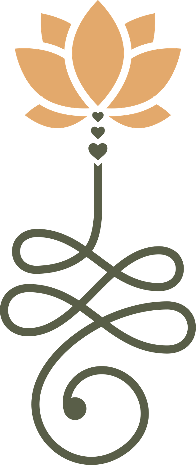 Stylized flower with layered petals in beige and a stem with decorative loops and small heart-shaped leaves.