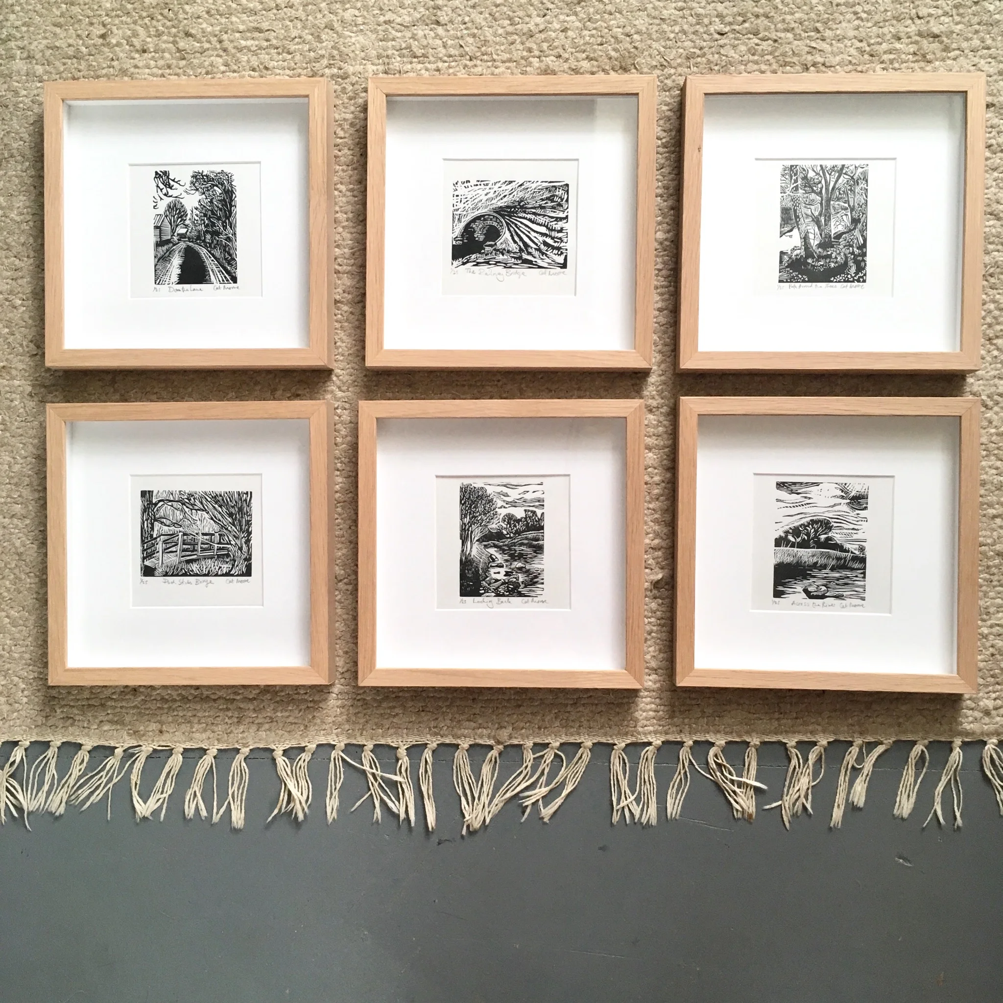 The Railway Bridge walk river nature winter trees woodland linocut print Cat Moore Northumberland down lane path trees railway bridge pooh-sticks looking back across