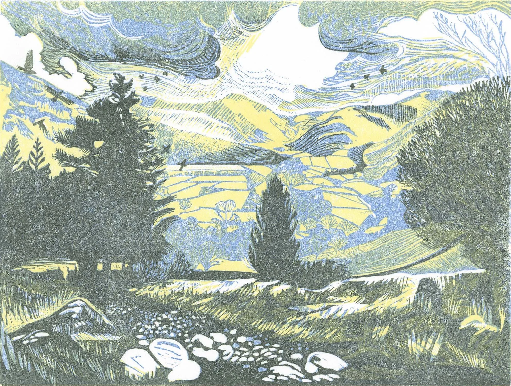 Down the Valley (Blue) multiblock linocut print by Cat Moore landscape view of the Lake District in Cumbria with birds flying and sunlight falling on hillside in middle distance. Well worn rocky footpath leading downwards. Grey, yellow and blue.