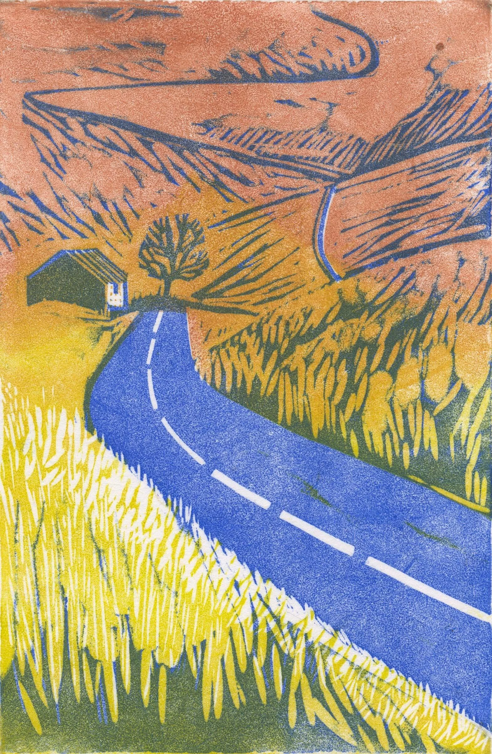 Crossing the Moor multiblock linocut print by Cat Moore. Road winding across late summer moorland landscape with derelict house and single dead tree