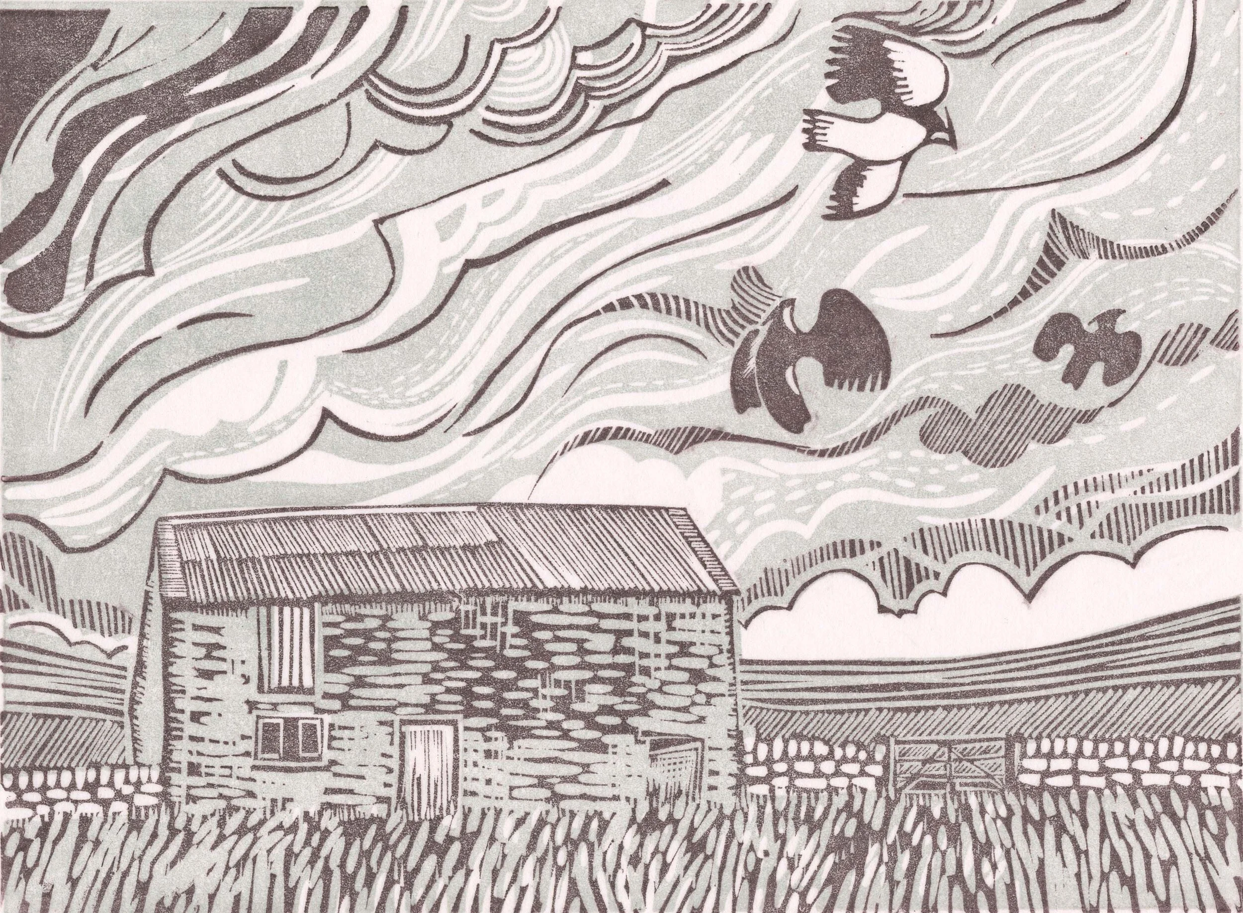 Tuffit Cleugh (Before) commission multiblock print Cat Moore northumberland barn lapwings wild upland spring summer