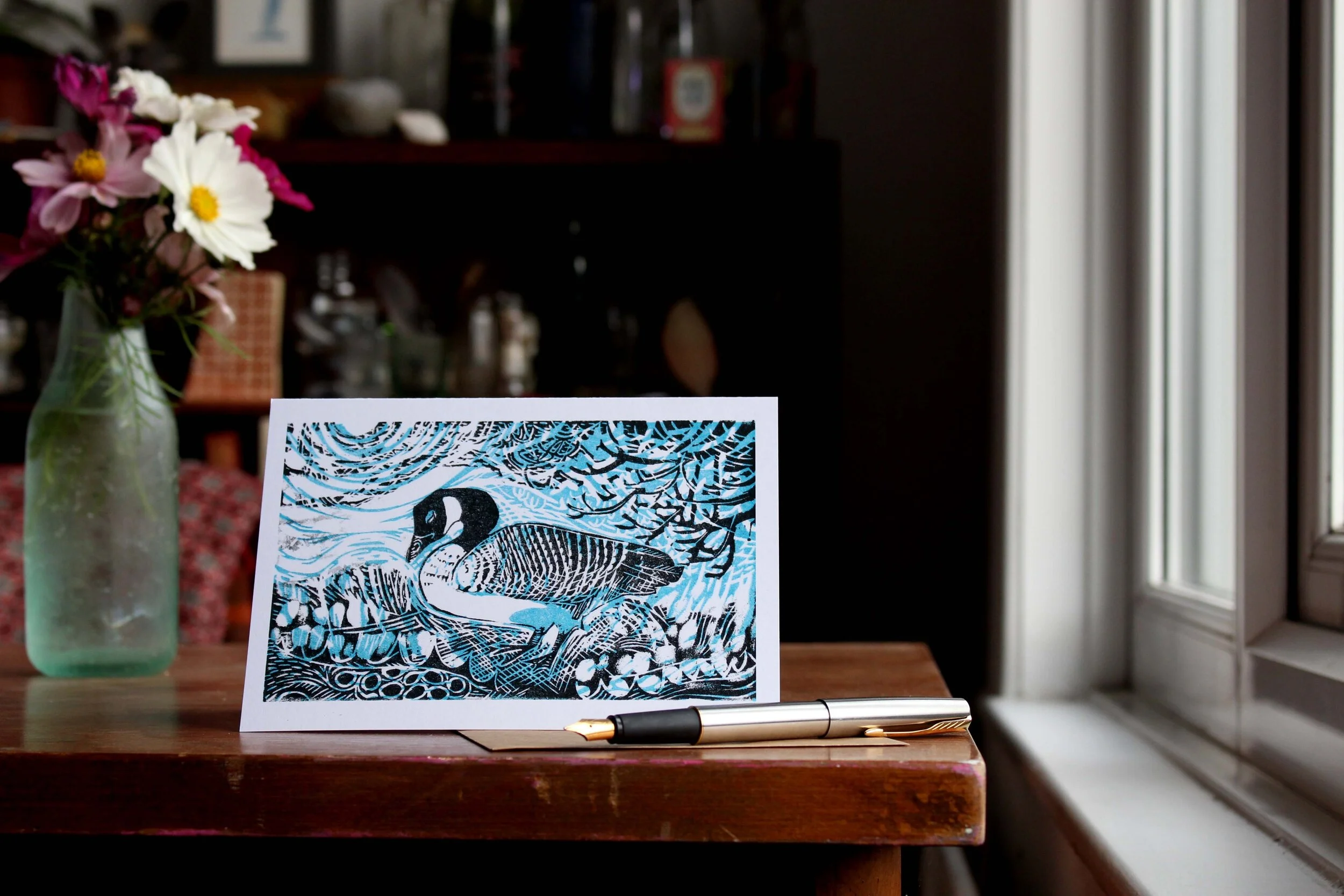Canada Goose linocut greeting card Cat Moore bird wetland woodland black blue white