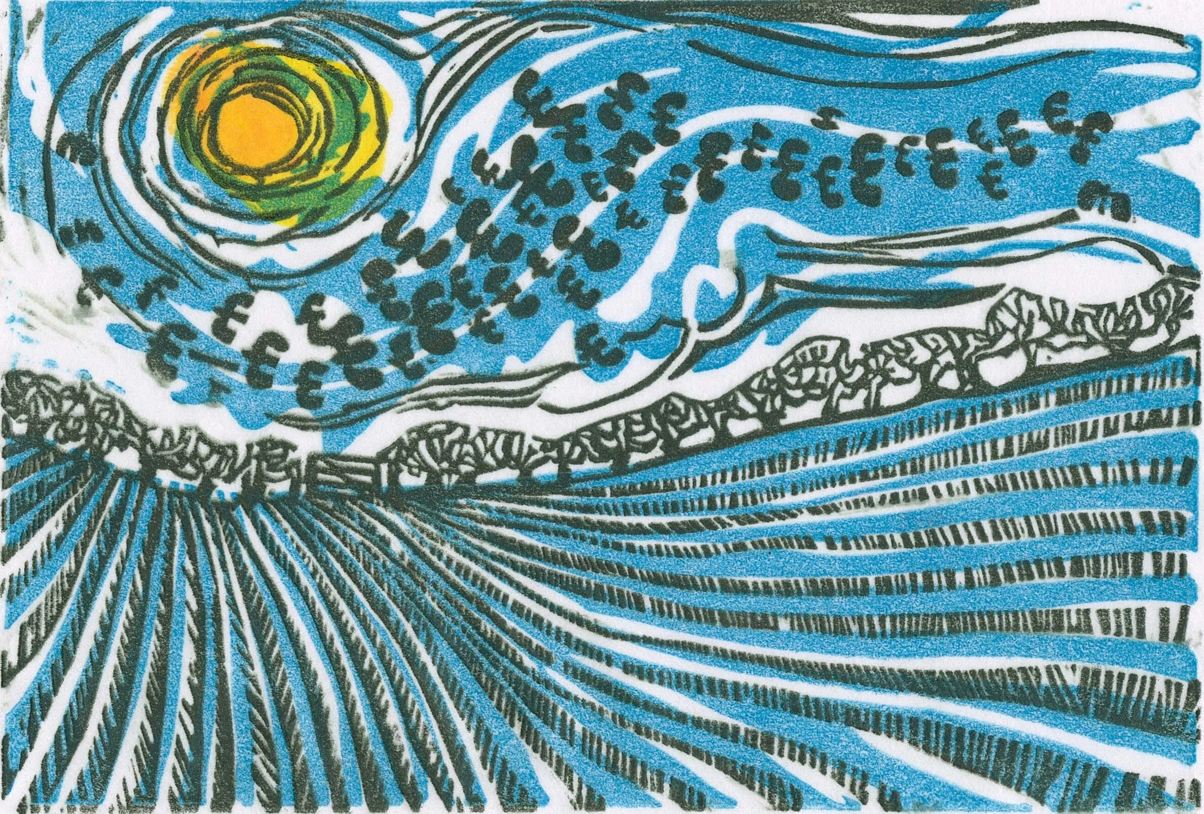 Lapwings and Winter Stubble linocut Cat Moore multiblock print winter hope lapwings flying frozen field sunshine