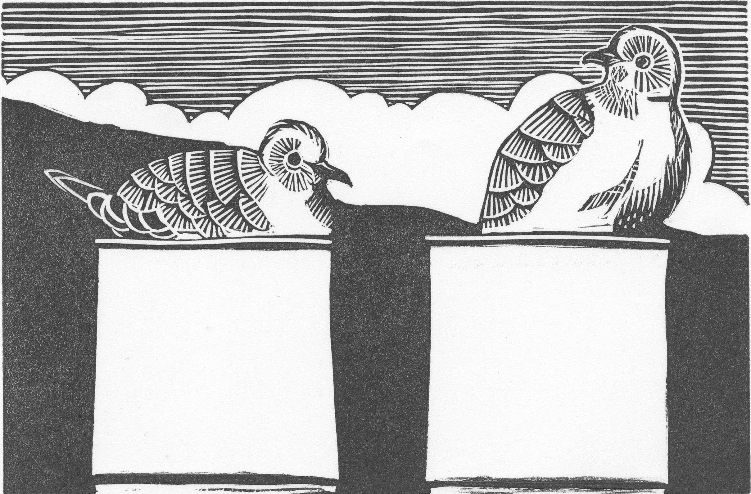 Nesting linocut Cat Moore single block print collared doves chimney pots isle harris outer hebrides tarbert