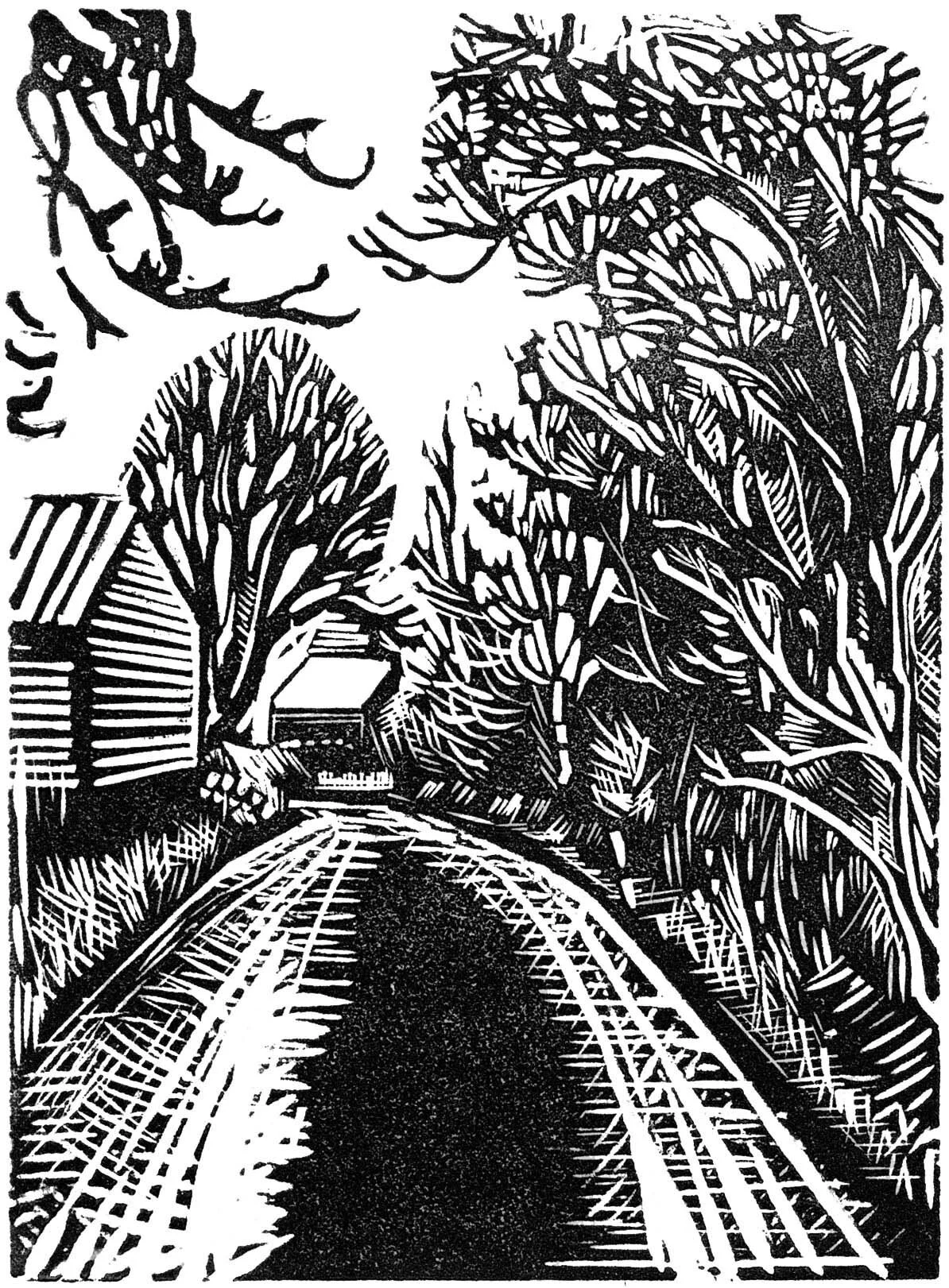 Down the Lane linocut Cat Moore walk river series single block print seasonal depression hygge northumberland woodland trees