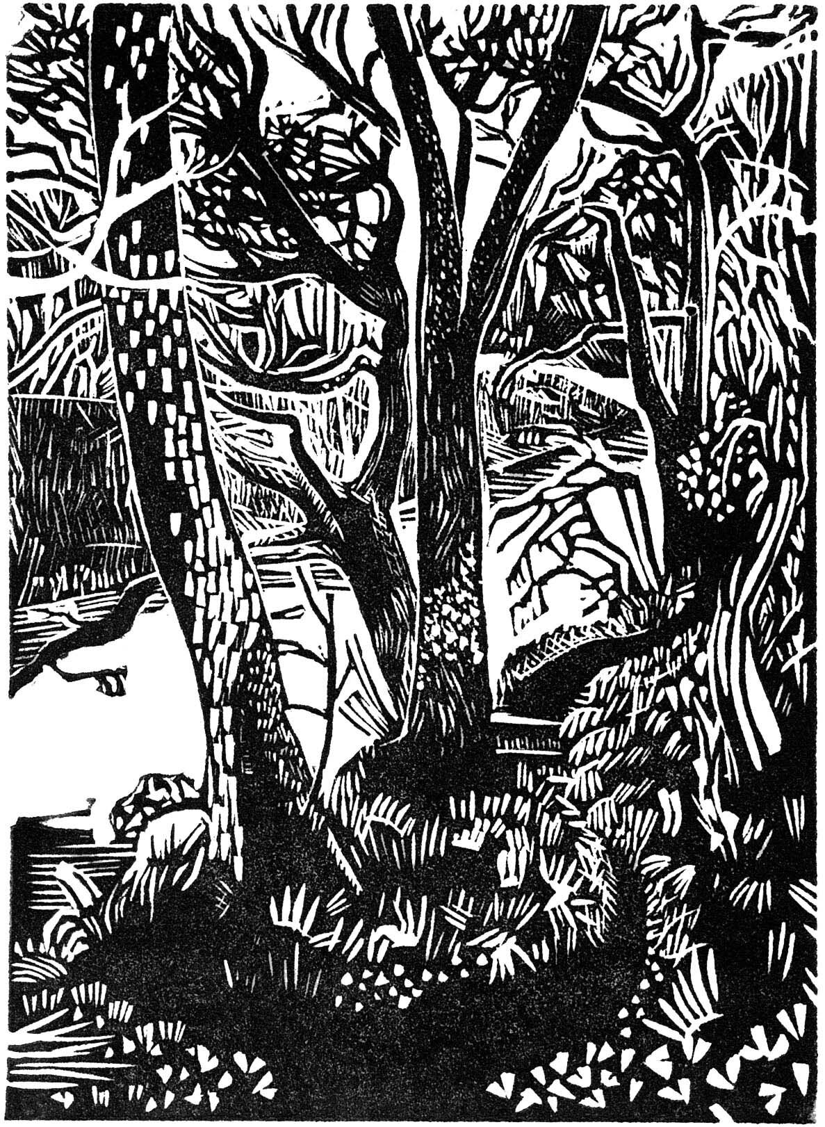 Path Around the Trees linocut Cat Moore walk river series single block print seasonal depression hygge northumberland woodland trees