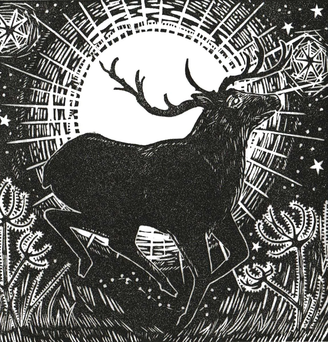 Rising Sun, Running Deer linocut Cat Moore single block print reindeer Christmas winter holly ivy frost sunrise