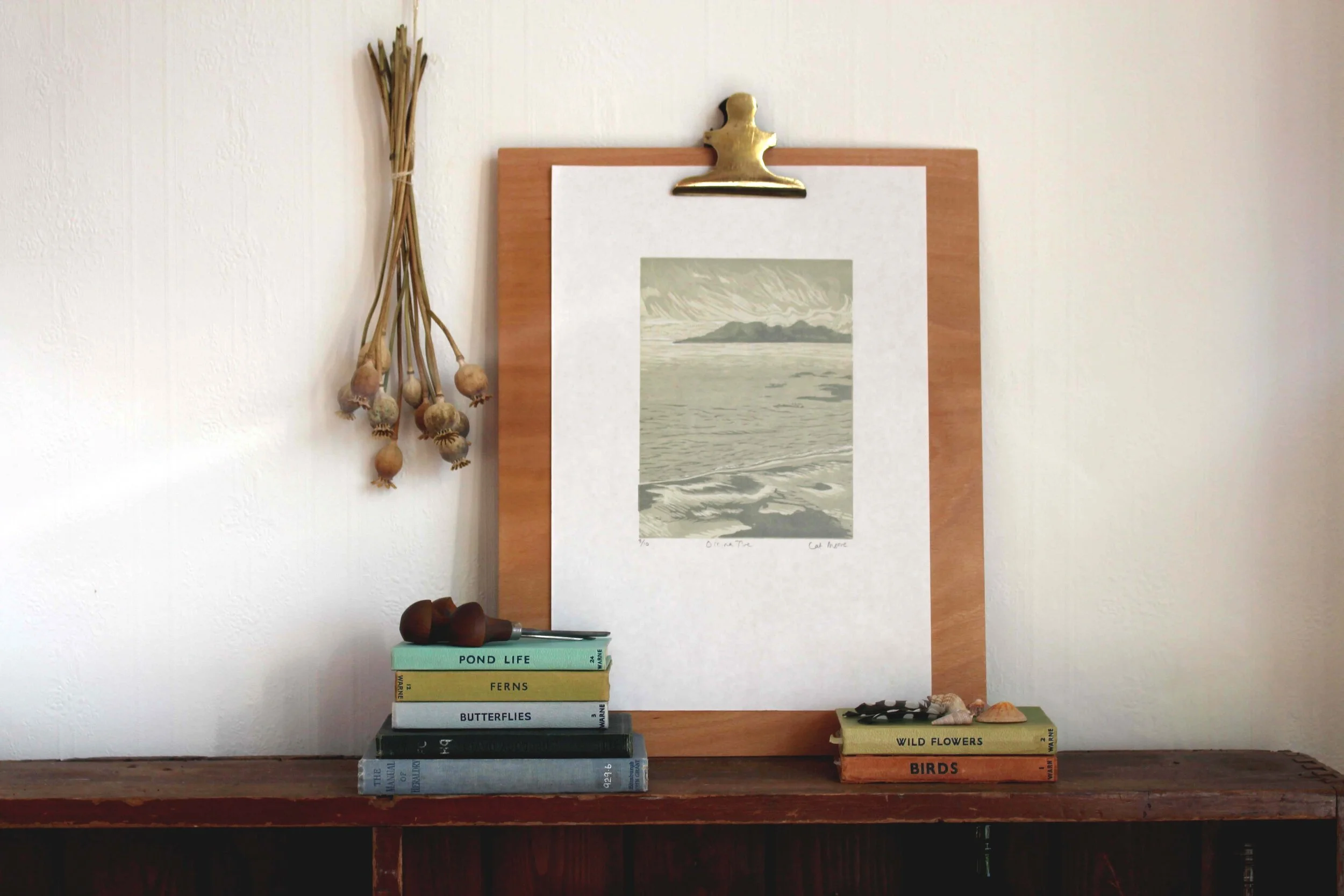 Oir na Tìre Tire limited edition linocut print by Cat Moore the egde of the land scotland seascape isle of eigg rum small calm peace grey reduction