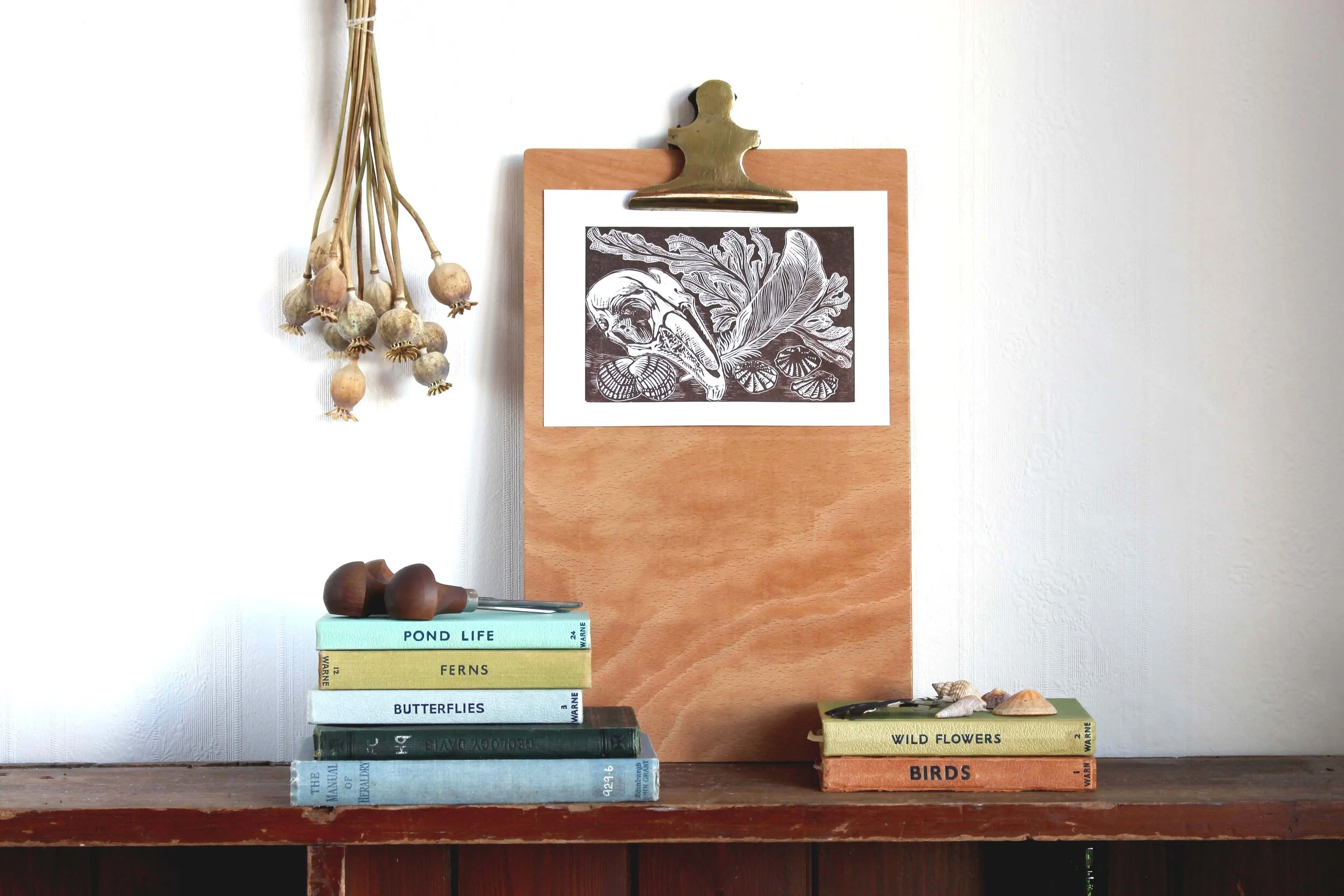 Nature Table limited edition linocut print by Cat Moore single block finds skull feather sea shell seaweed