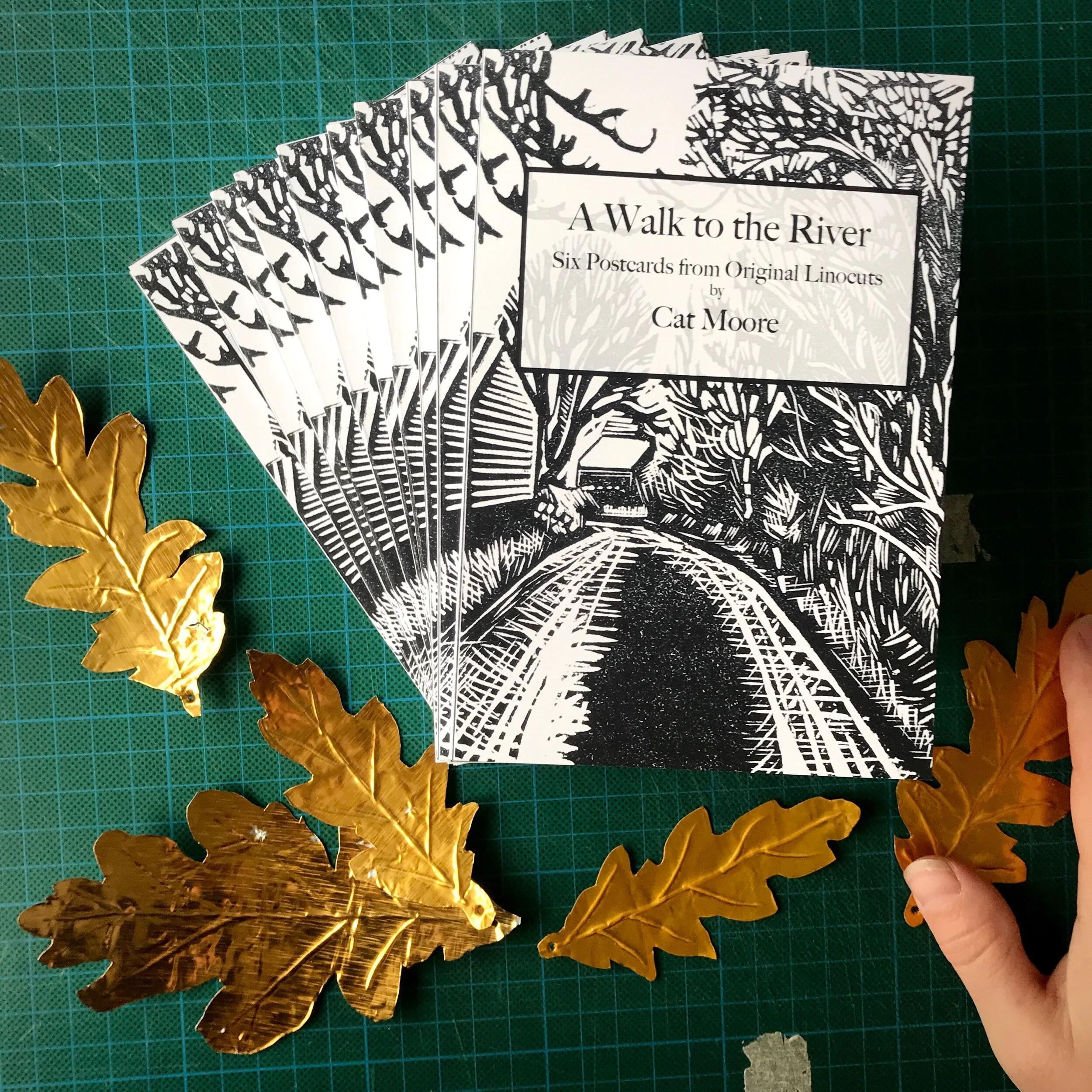 Postcard set walk river nature winter trees woodland linocut print Cat Moore Northumberland