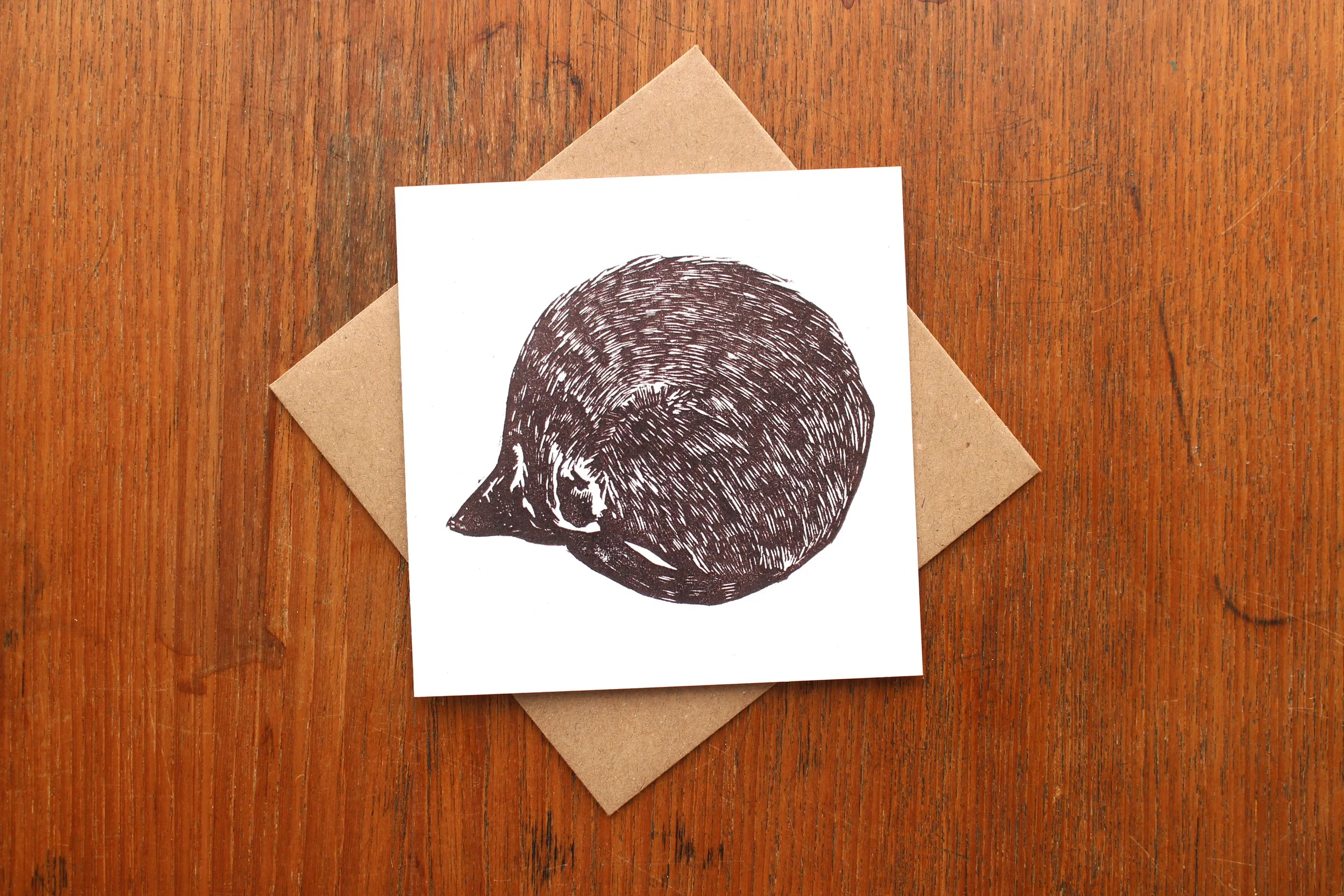 Meg the Mog linocut greeting card Cat Moore single block print hope sleeping cat