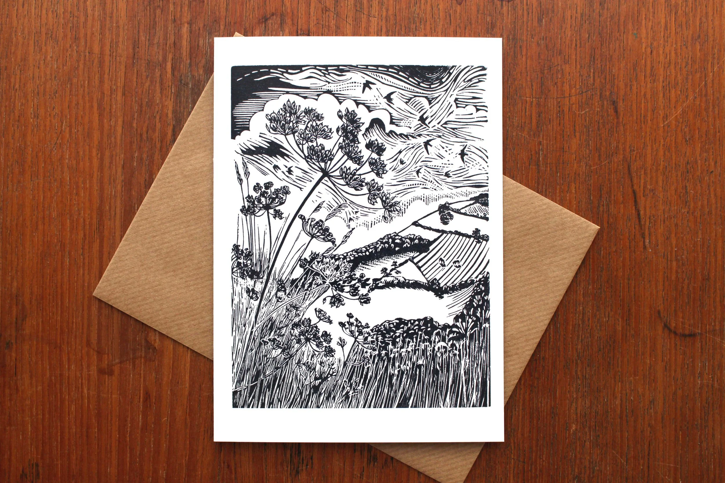 August Swifts linocut greeting card Cat Moore hogweed summer flying birds hillside woodland black and white