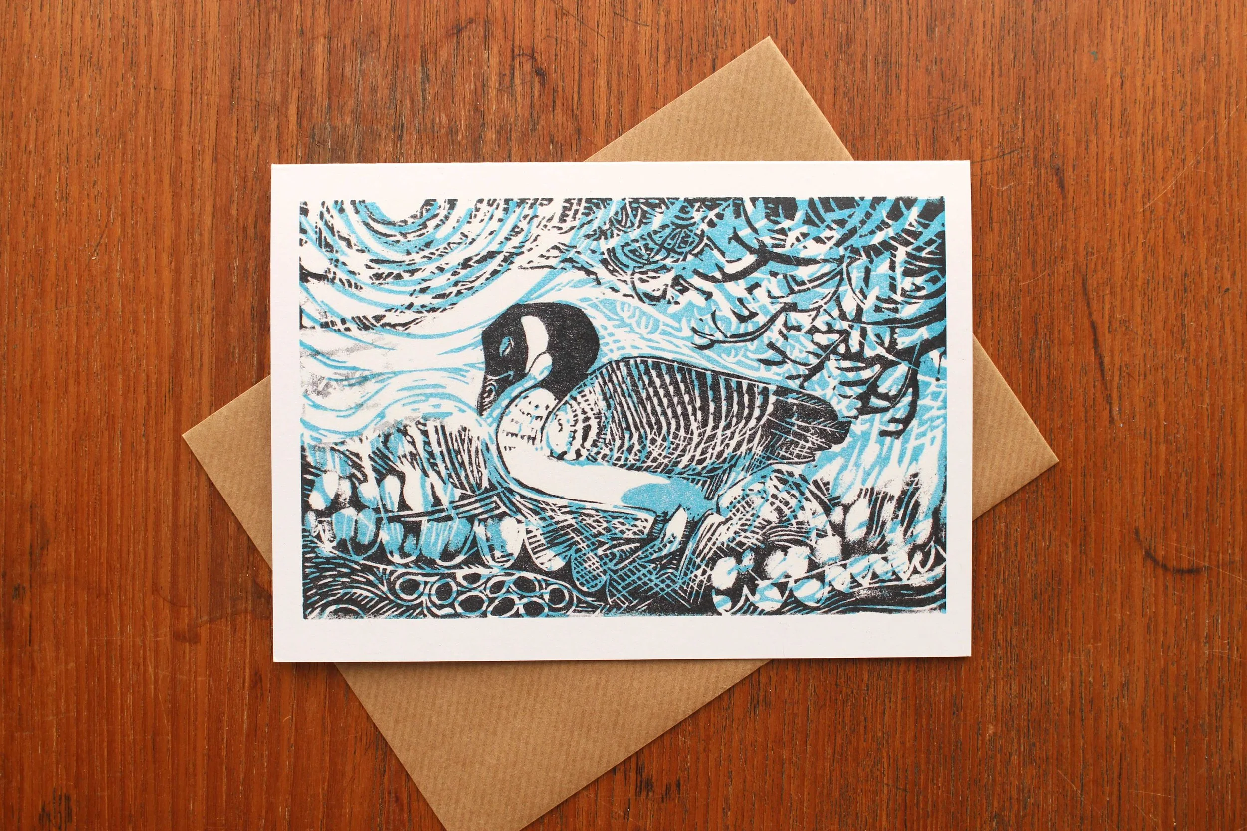 Canada Goose linocut greeting card Cat Moore bird wetland woodland black blue white