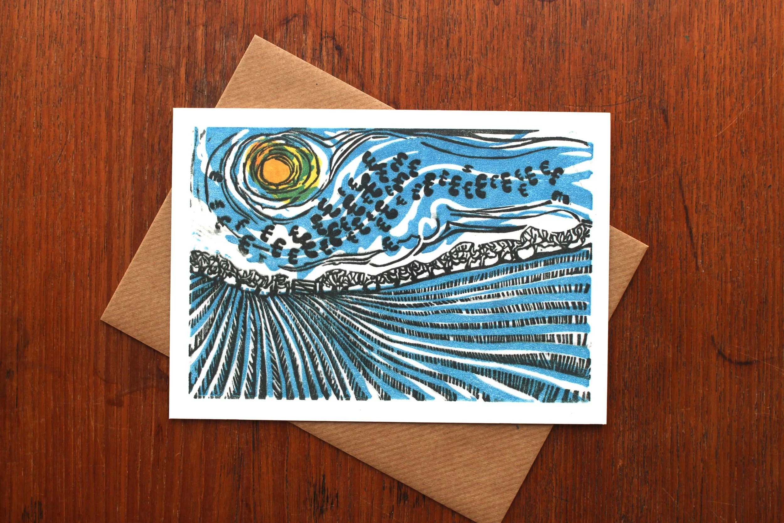 Lapwings and Winter Stubble linocut greeting card Cat Moore multiblock print winter hope lapwings flying frozen field sunshine