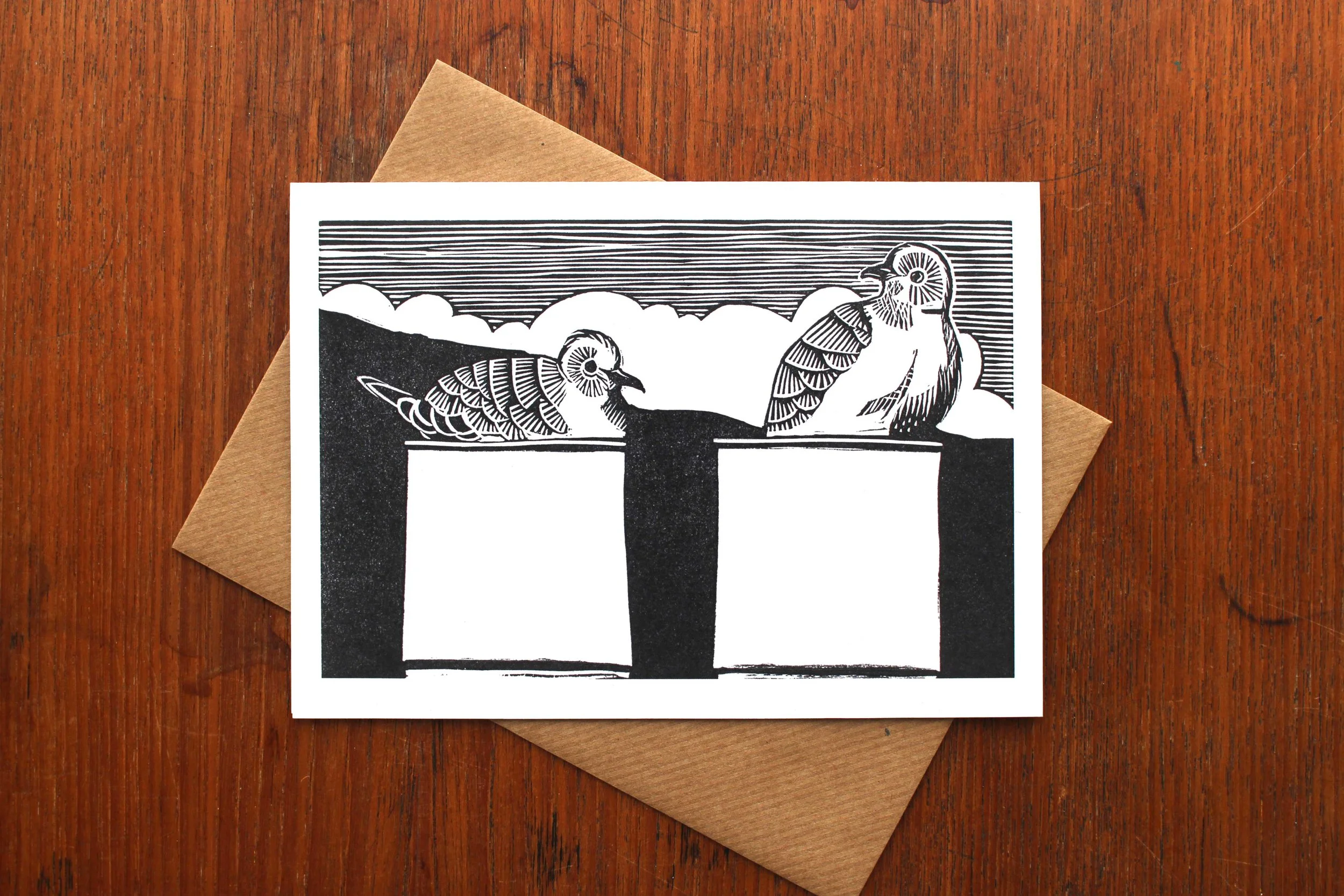Nesting linocut greeting card Cat Moore single block print collared doves chimney pots isle harris outer hebrides tarbert