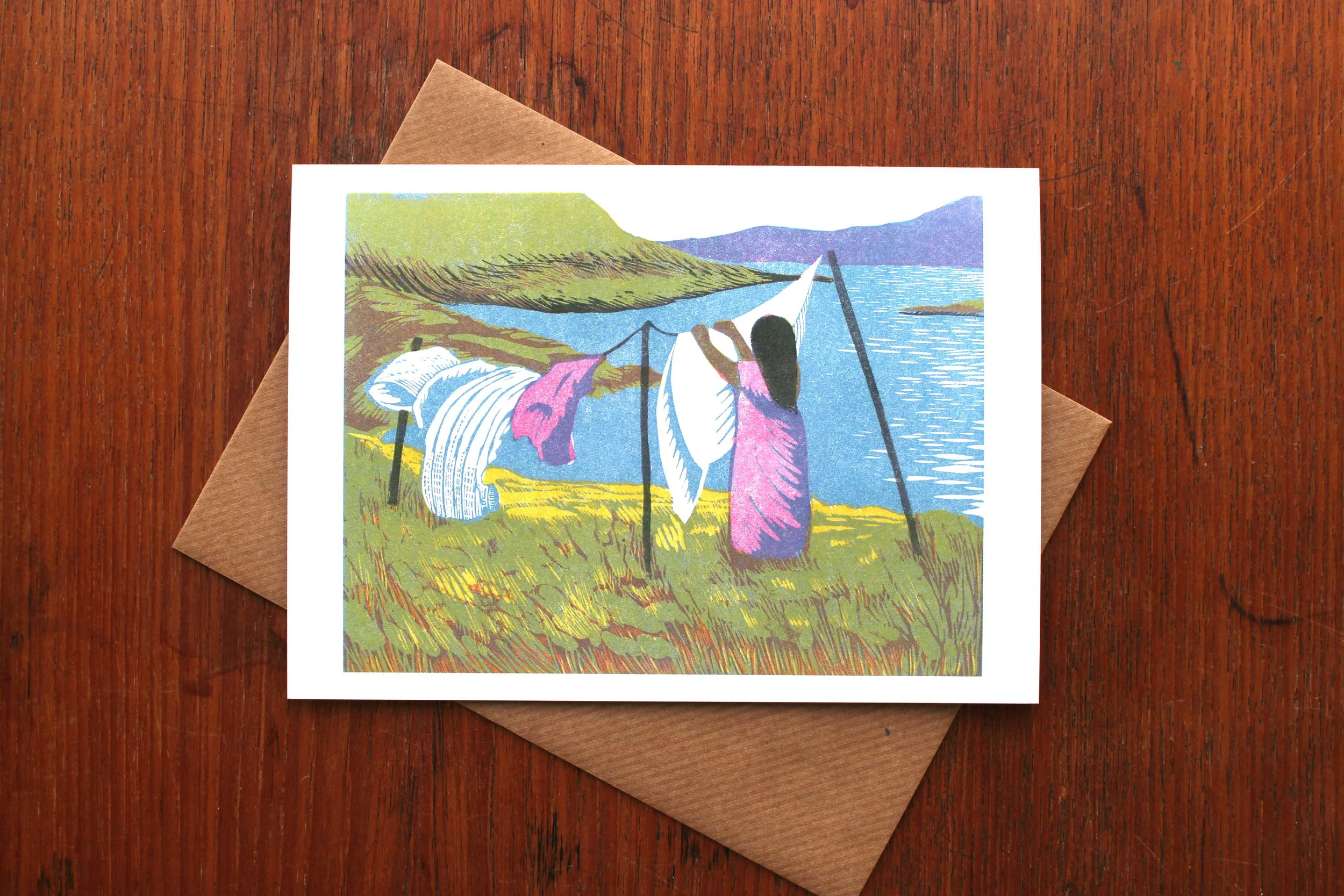 Washing Day linocut greeting card Cat Moore multiblock print midsummer garden sari outer hebrides harris lewis lochan laundry line
