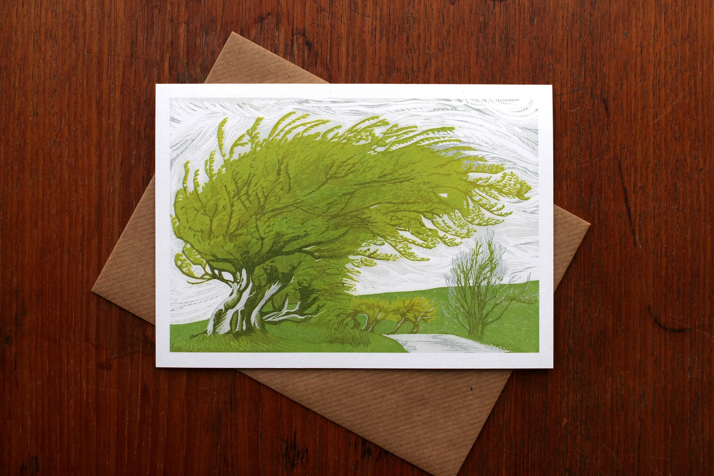 Windswept linocut greeting card Cat Moore reduction print northumberland beech hedge green trees