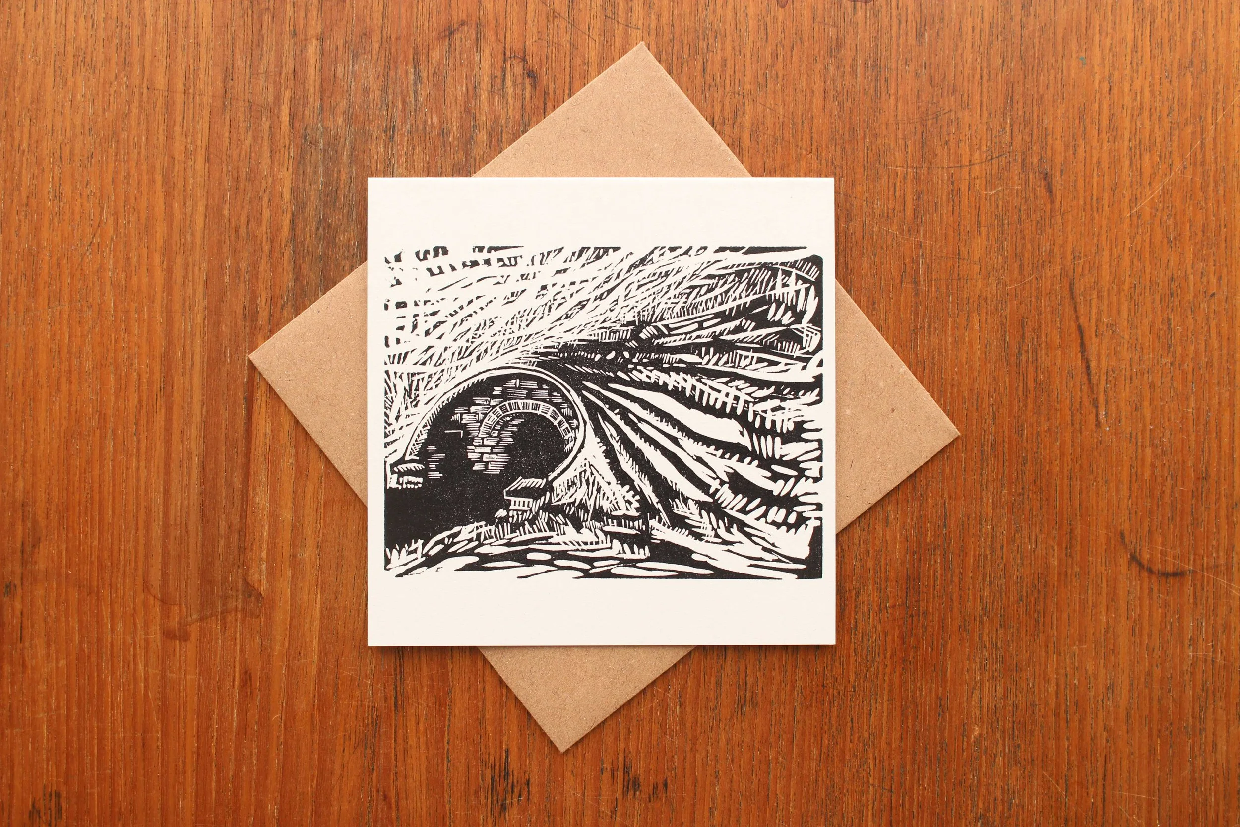 The Railway Bridge linocut greeting card Cat Moore walk river series single block print seasonal depression hygge northumberland woodland trees