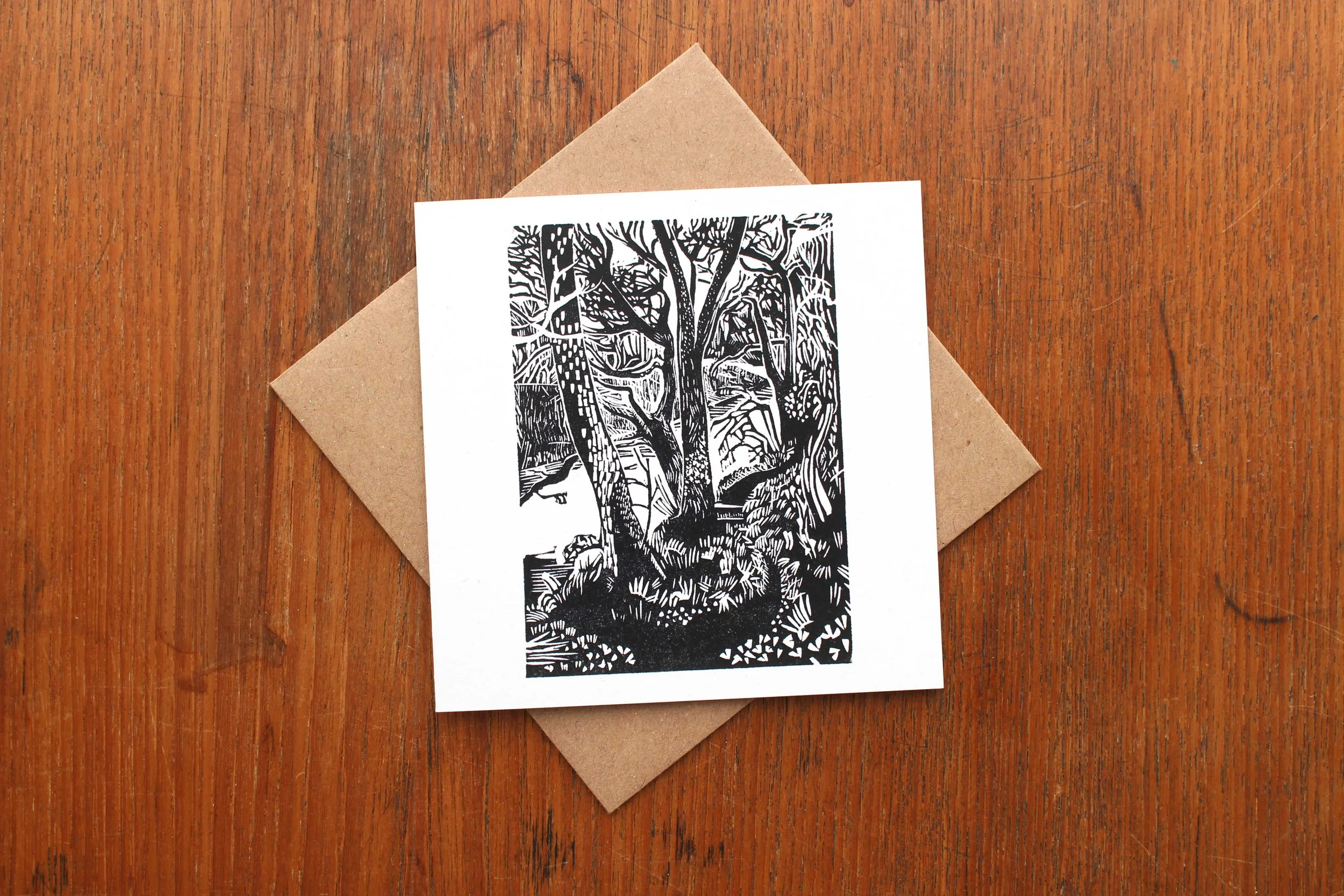 Path Around the Trees linocut greeting card Cat Moore walk river series single block print seasonal depression hygge northumberland woodland trees
