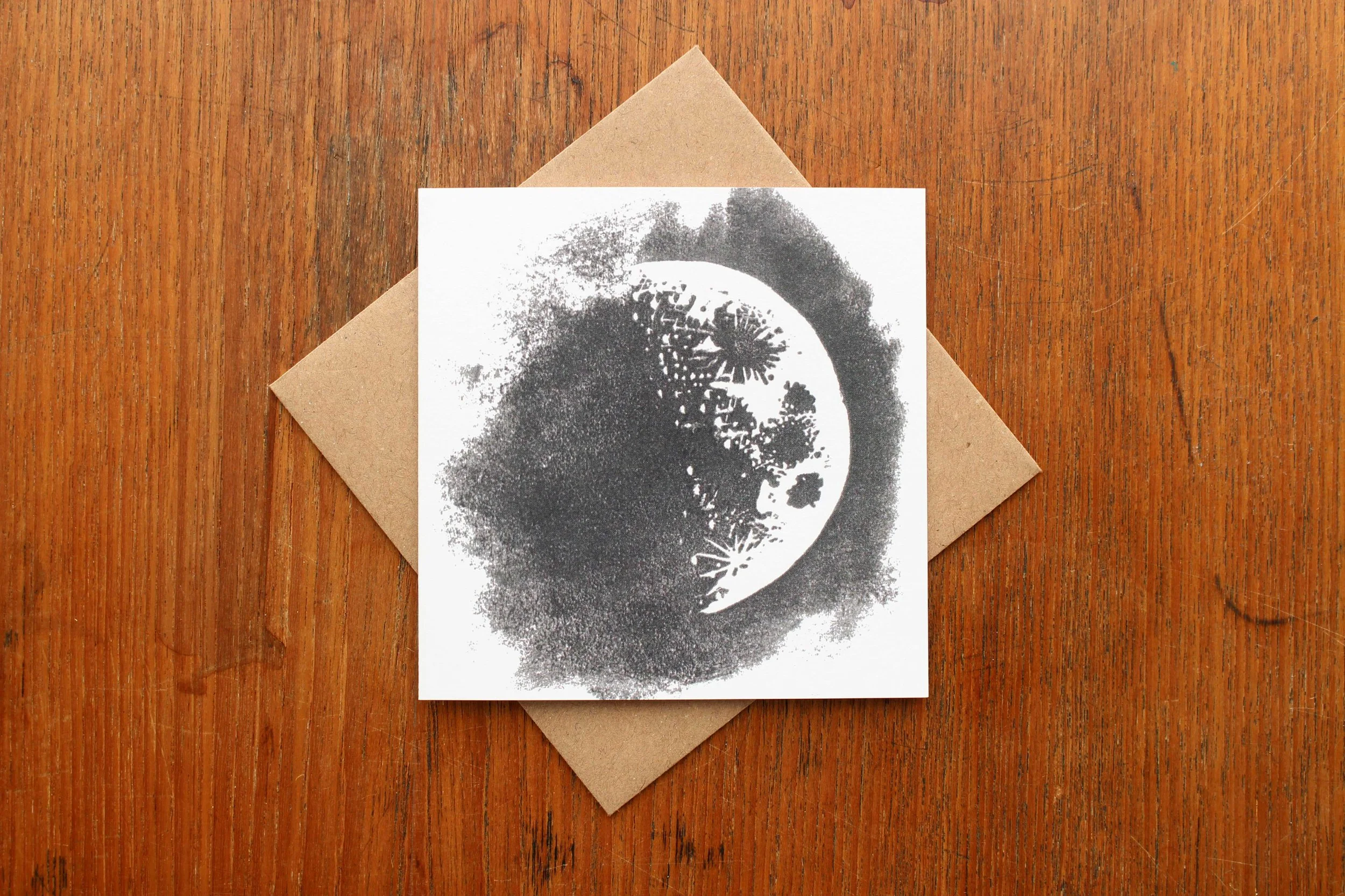Half Moon Rising linocut greeting card Cat Moore single block print winter hope night