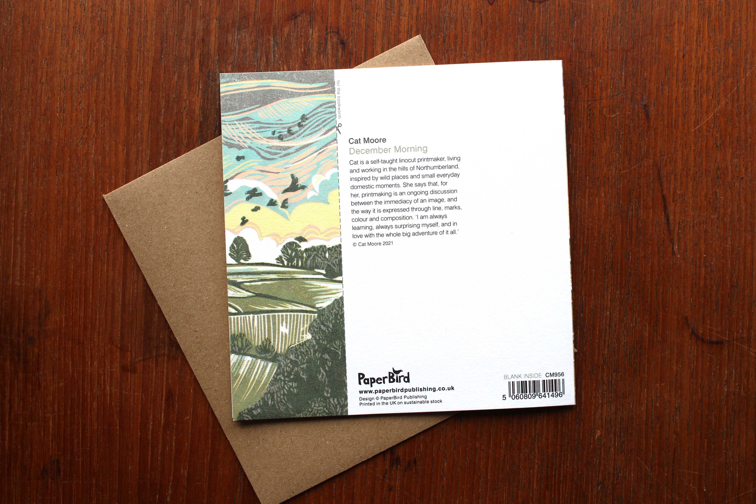 Photo reverse greeting card December Morning Cat Moore linocut PaperBird bookmark cut out