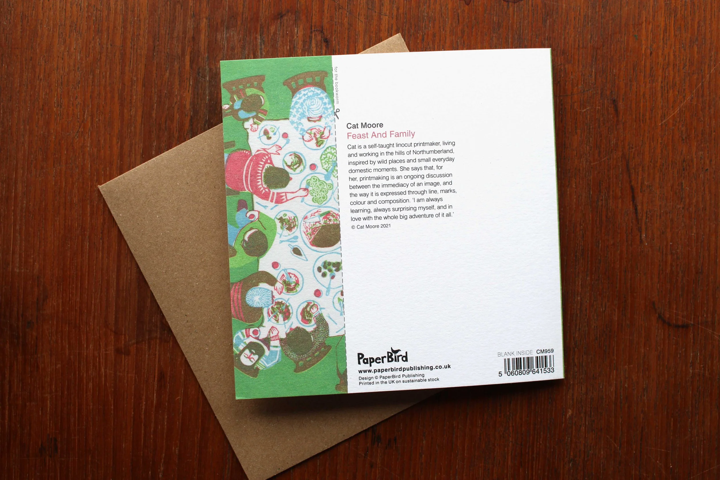 Reverse greeting card Feast and Family Cat Moore linocut PaperBird bookmark cut out people eating chatting