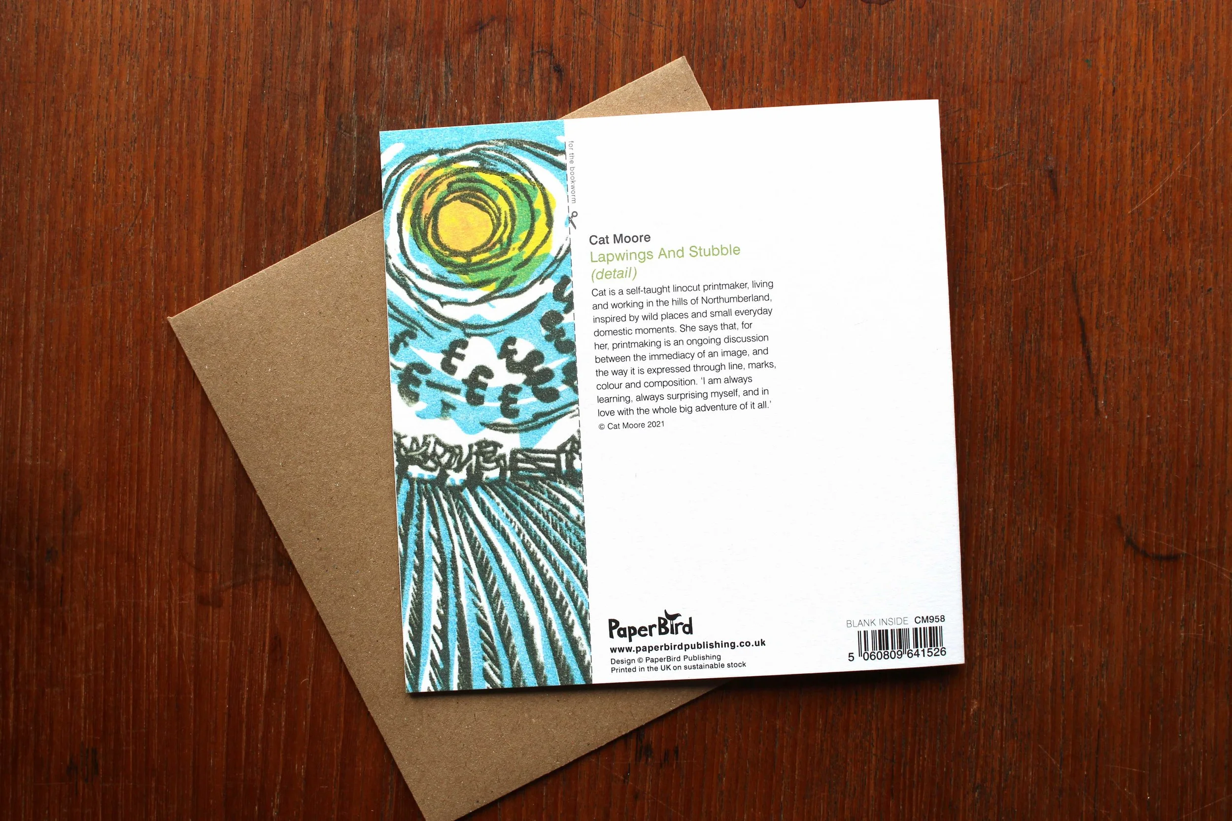 Reverse greeting card Lapwings and Winter Stubble Cat Moore linocut PaperBird bookmark cut out lapwings flying winter field sunshine