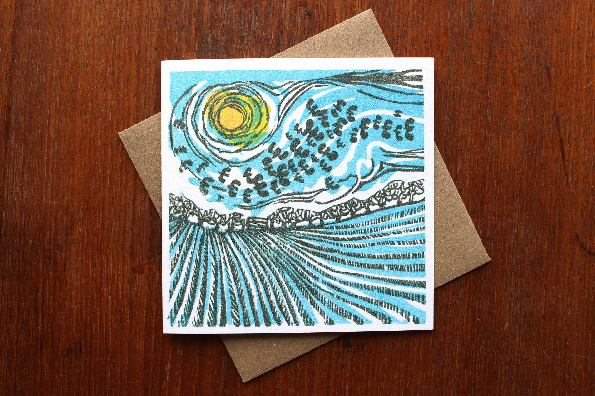 Greeting card Lapwings and Winter Stubble Cat Moore linocut lapwings flying winter field sunshine PaperBird