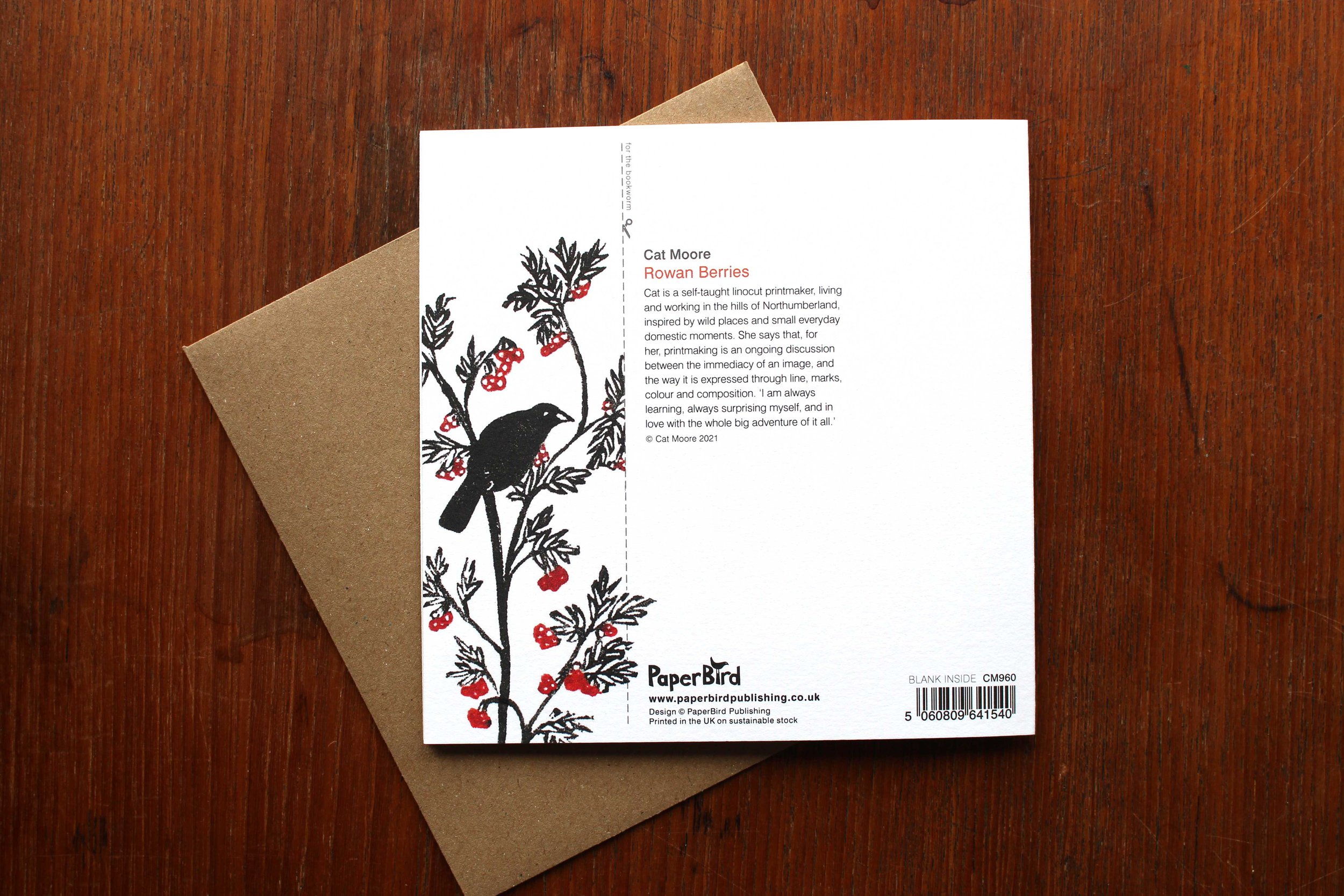 Reverse greeting card Rowan Berries Cat Moore linocut PaperBird bookmark cut out blackbirds feasting eating autumn tree