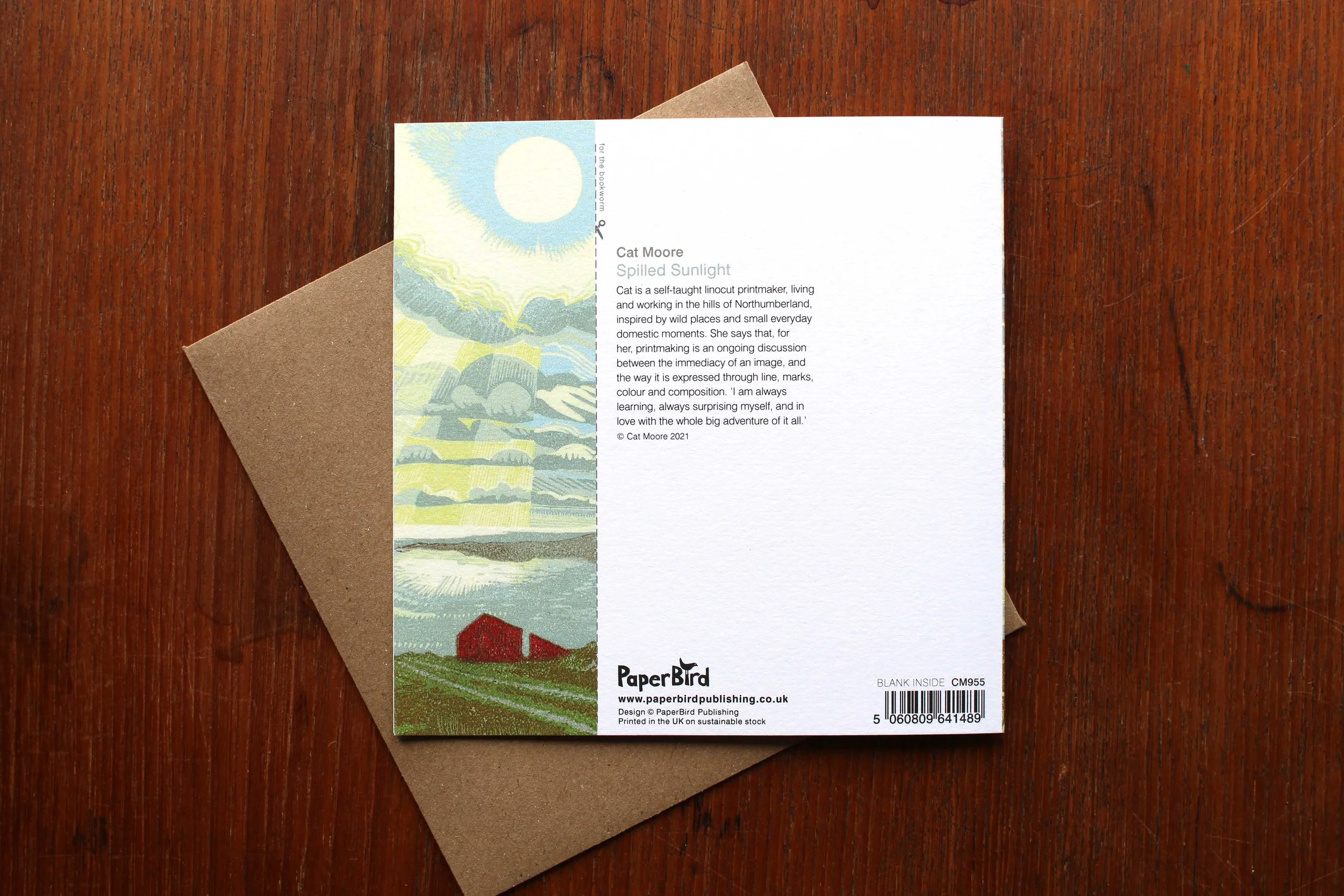 Reverse greeting card Spilled Sunlight Cat Moore linocut PaperBird bookmark cut out bothy hut shoreline eigg seascape sunlight