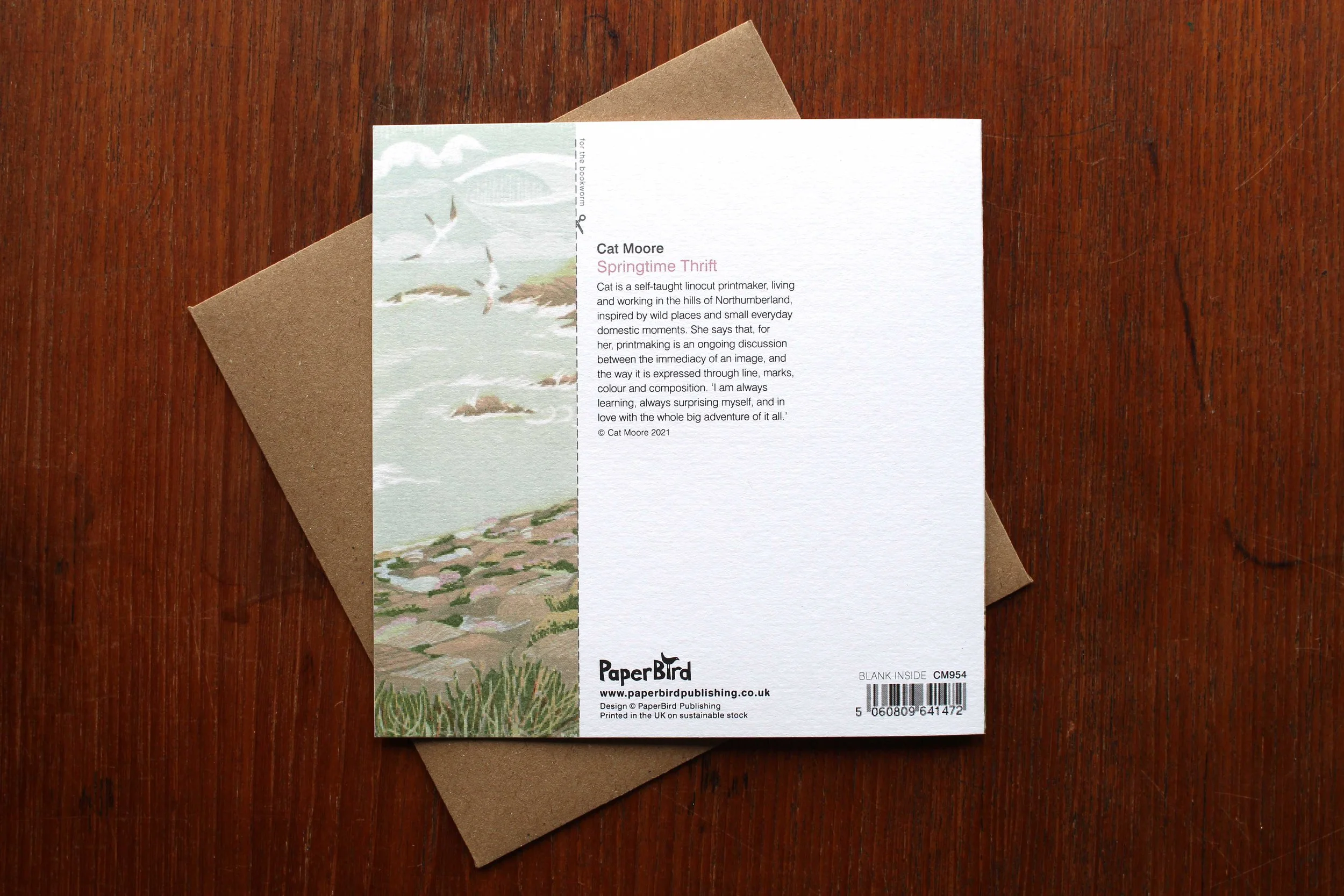 Reverse greeting card Springtime Thrift Cat Moore linocut PaperBird bookmark cut out bothy hut shoreline seascape gannets