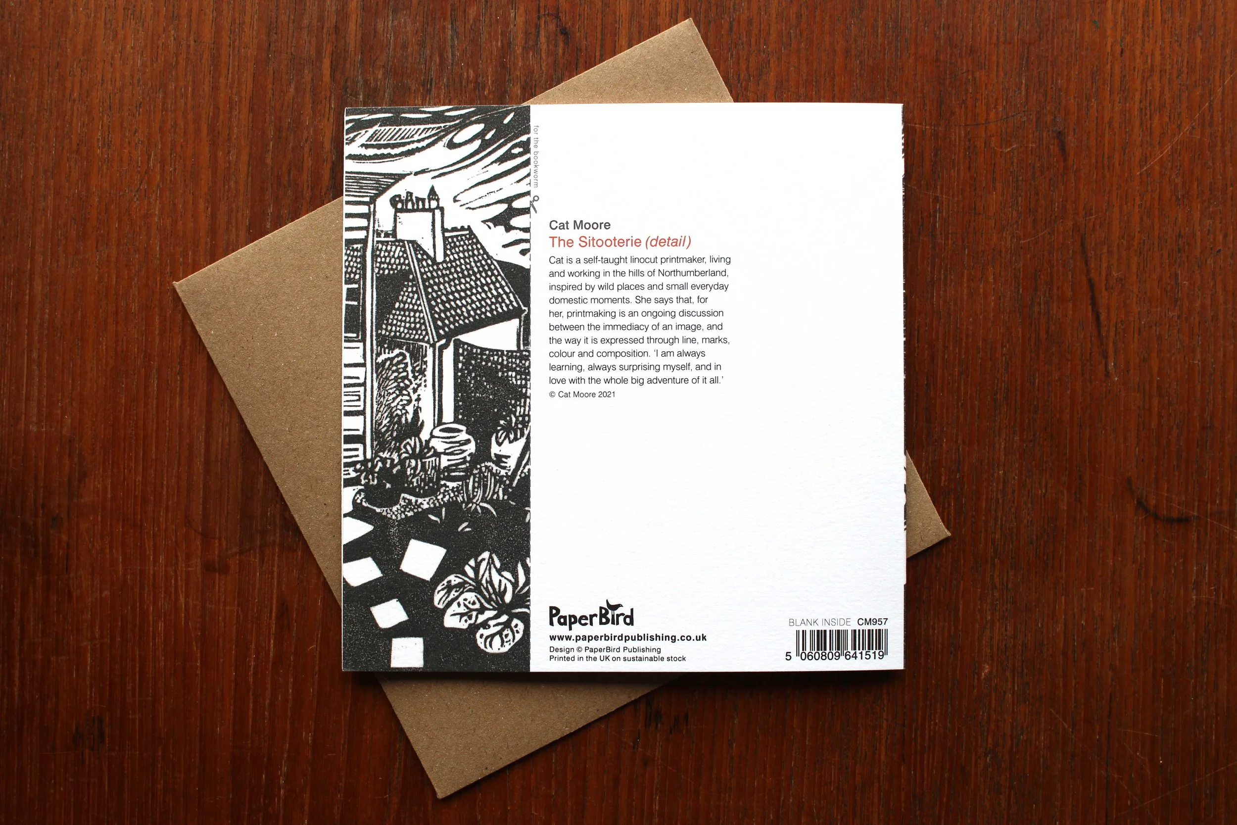 Reverse greeting card The Sitooterie Cat Moore linocut PaperBird bookmark cut out spring summer garden flowers