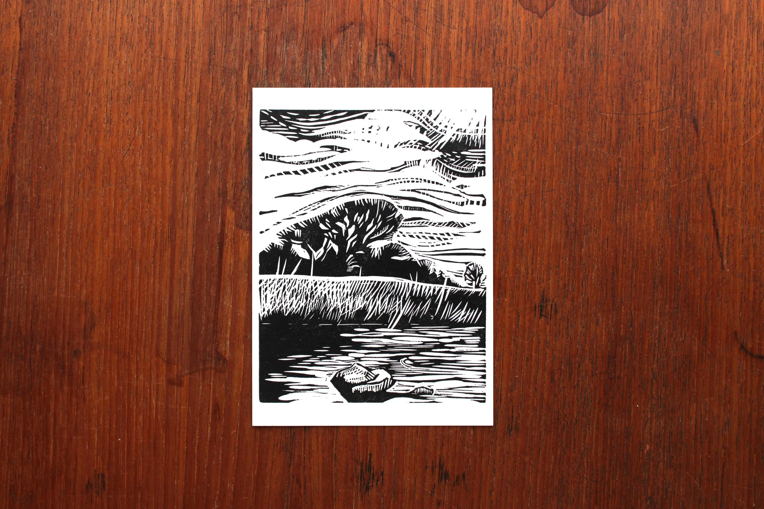 Postcard walk river across linocut print Cat Moore tree winter single block