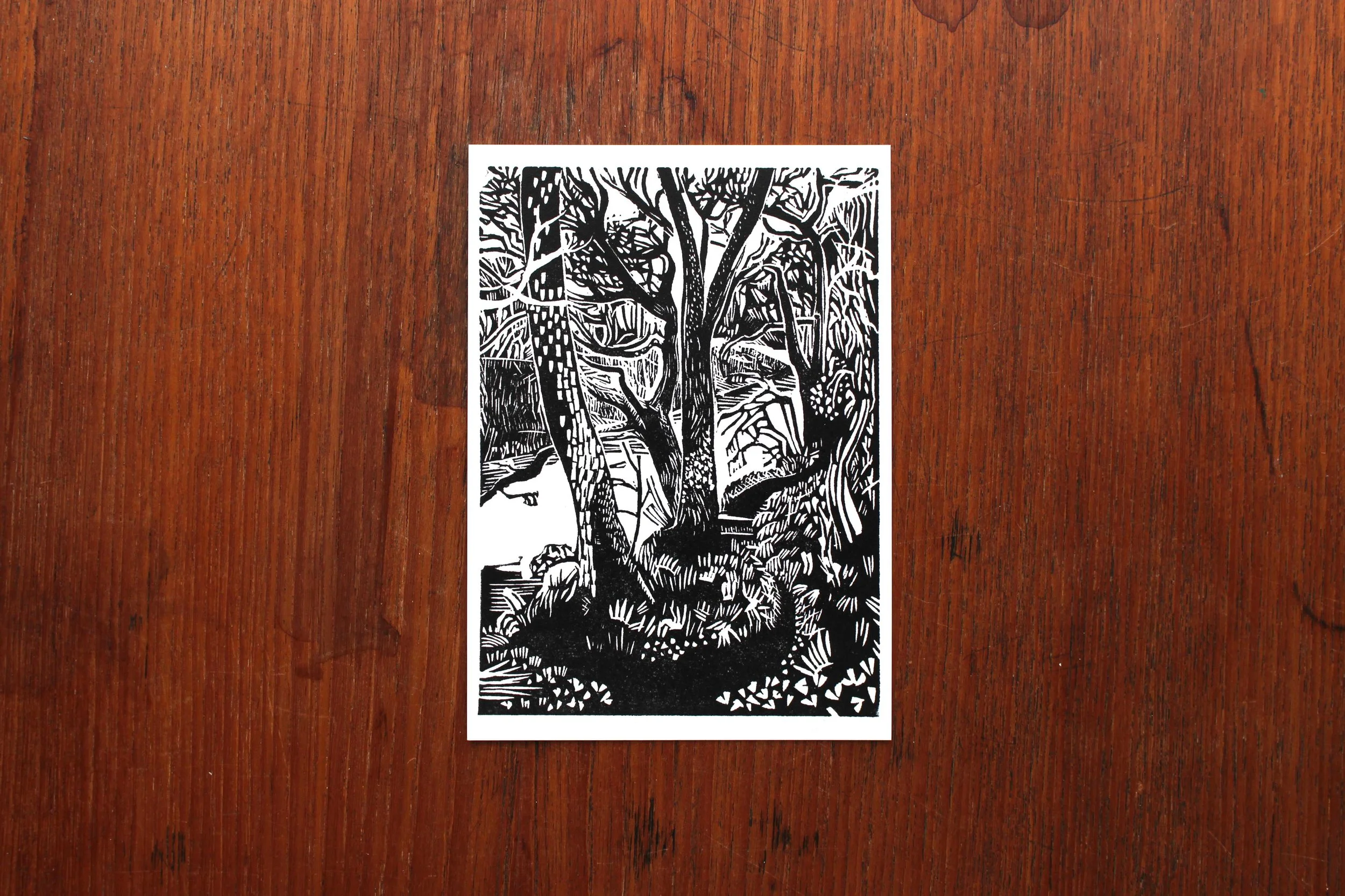 Postcard walk river path around trees linocut print Cat Moore single block woodland nature