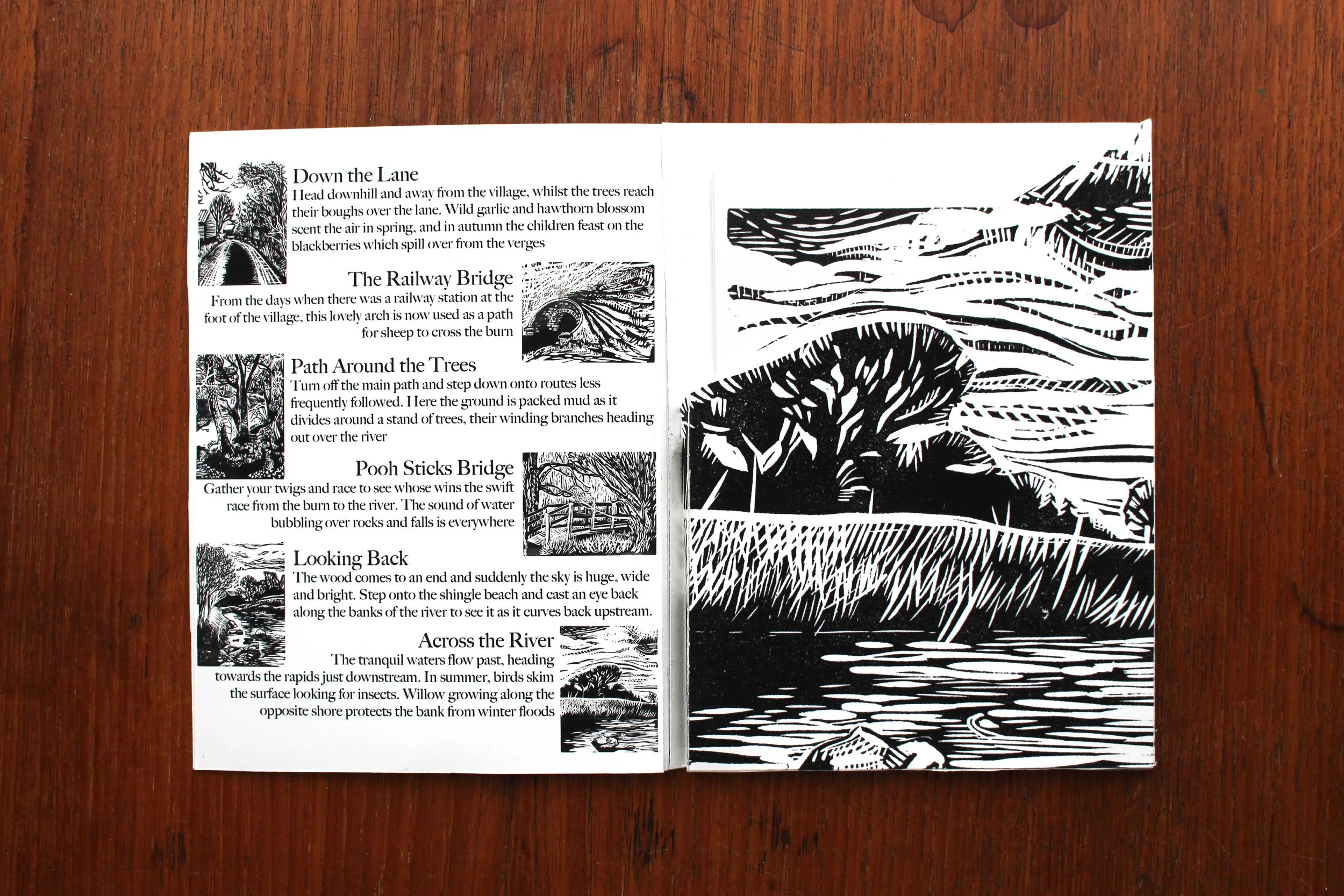 Open book walk river postcard series linocut Cat Moore print