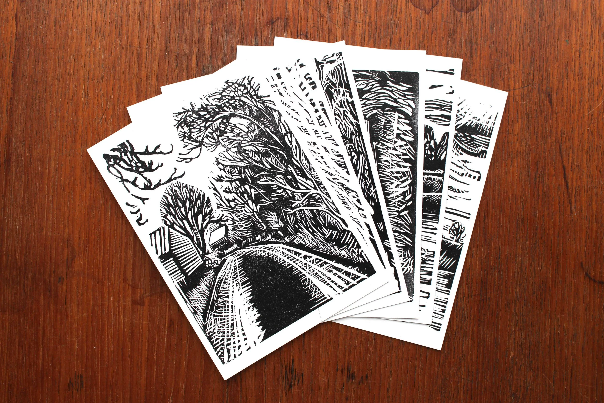 Postcard set walk river nature winter trees woodland linocut print Cat Moore Northumberland
