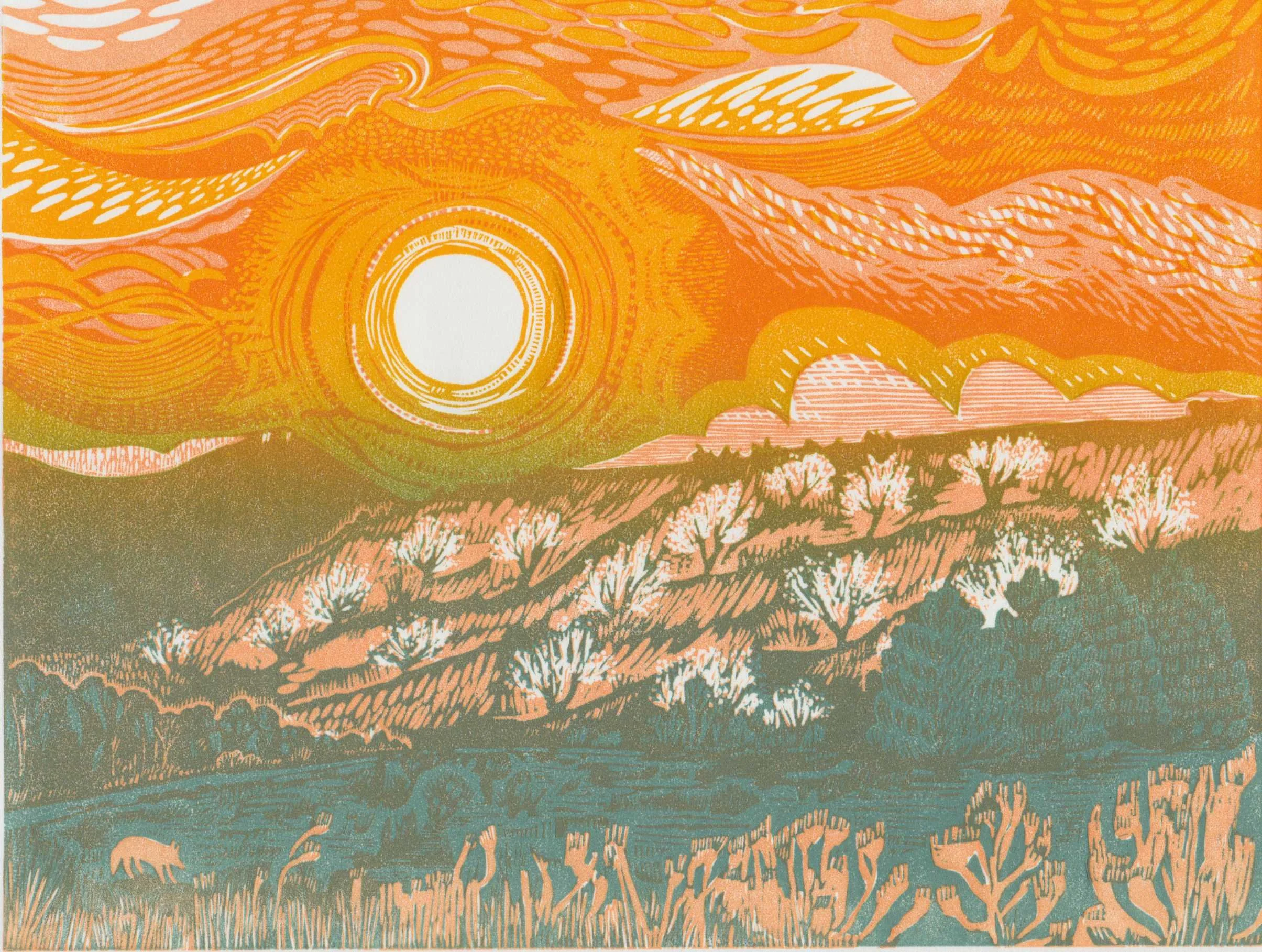 Almond Dawn linocut print by Cat Moore showing sunrise in Retiro region of Spain with almond blossoms catching the dawn light and an Iberian fox amongst rural plants