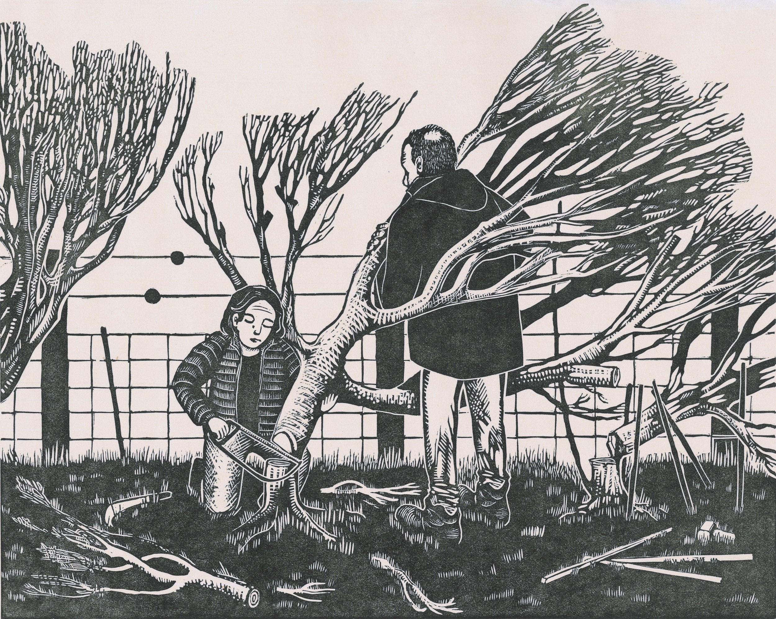 black and white linocut image of a woman sawing the trunk of a hedge whilst a man supports its weight. the woman is Cat Moore, the man is her dad, Paul.