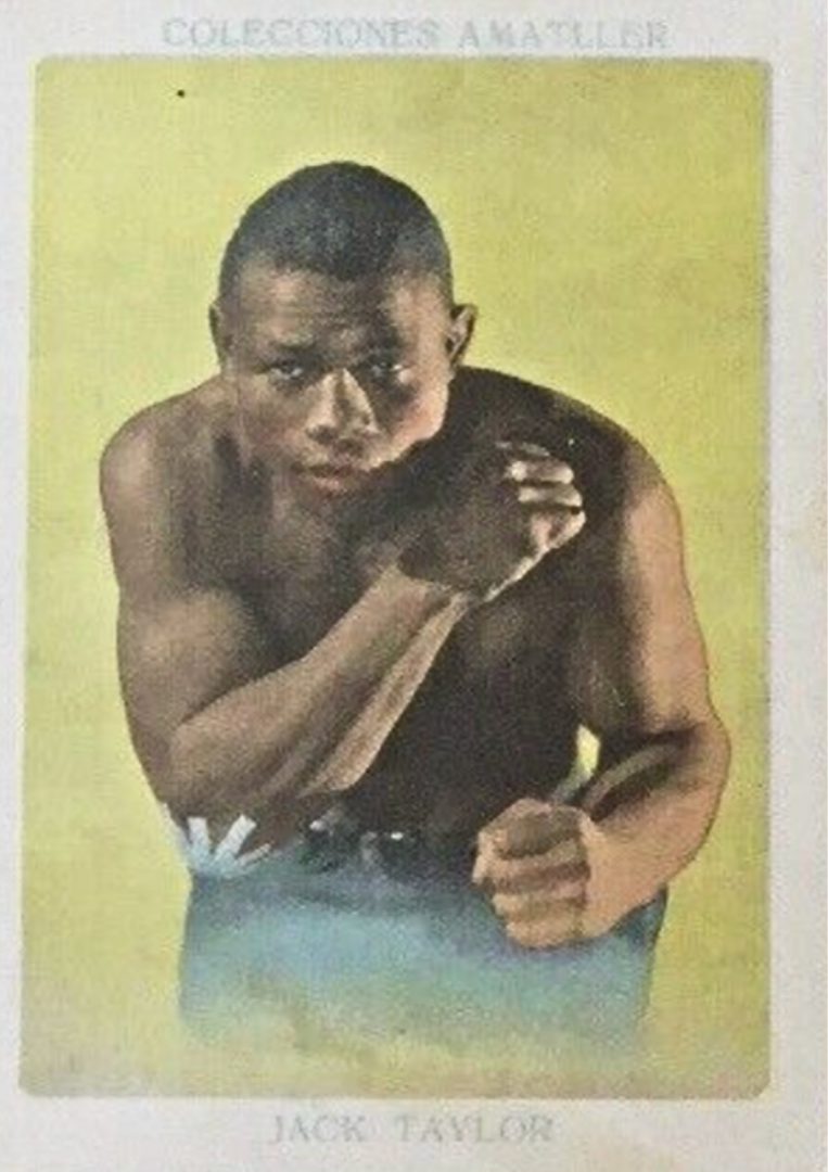 A color trading card depicts boxer Jack Taylor in a fighting stance against a pale green background.