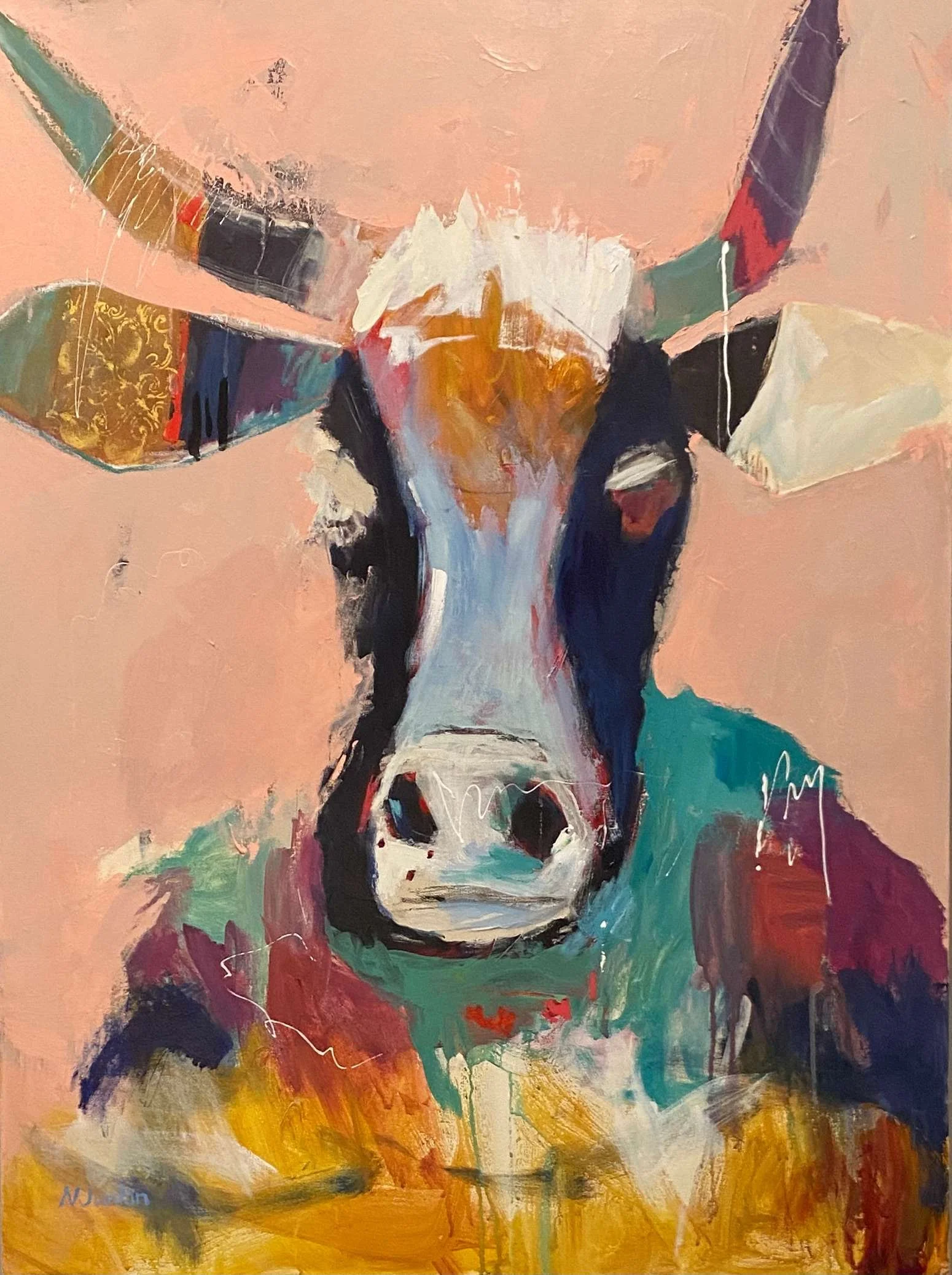 Steer in Ski Sweater 48x36 acrylic on canvas $4325.jpeg