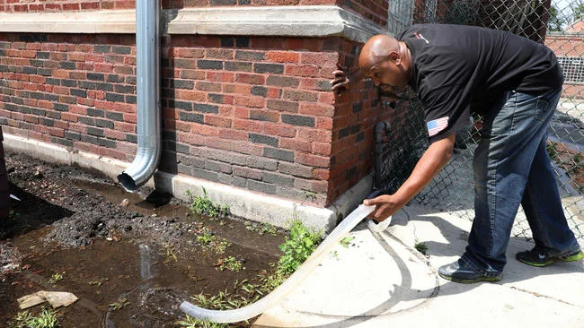 Steve Smiley, building and grounds supervisor for the Maywood Park District, said water pouring into a playground through a hose is being pumped from the basement of a nearby city-owned building. Antonio Perez / Chicago Tribune