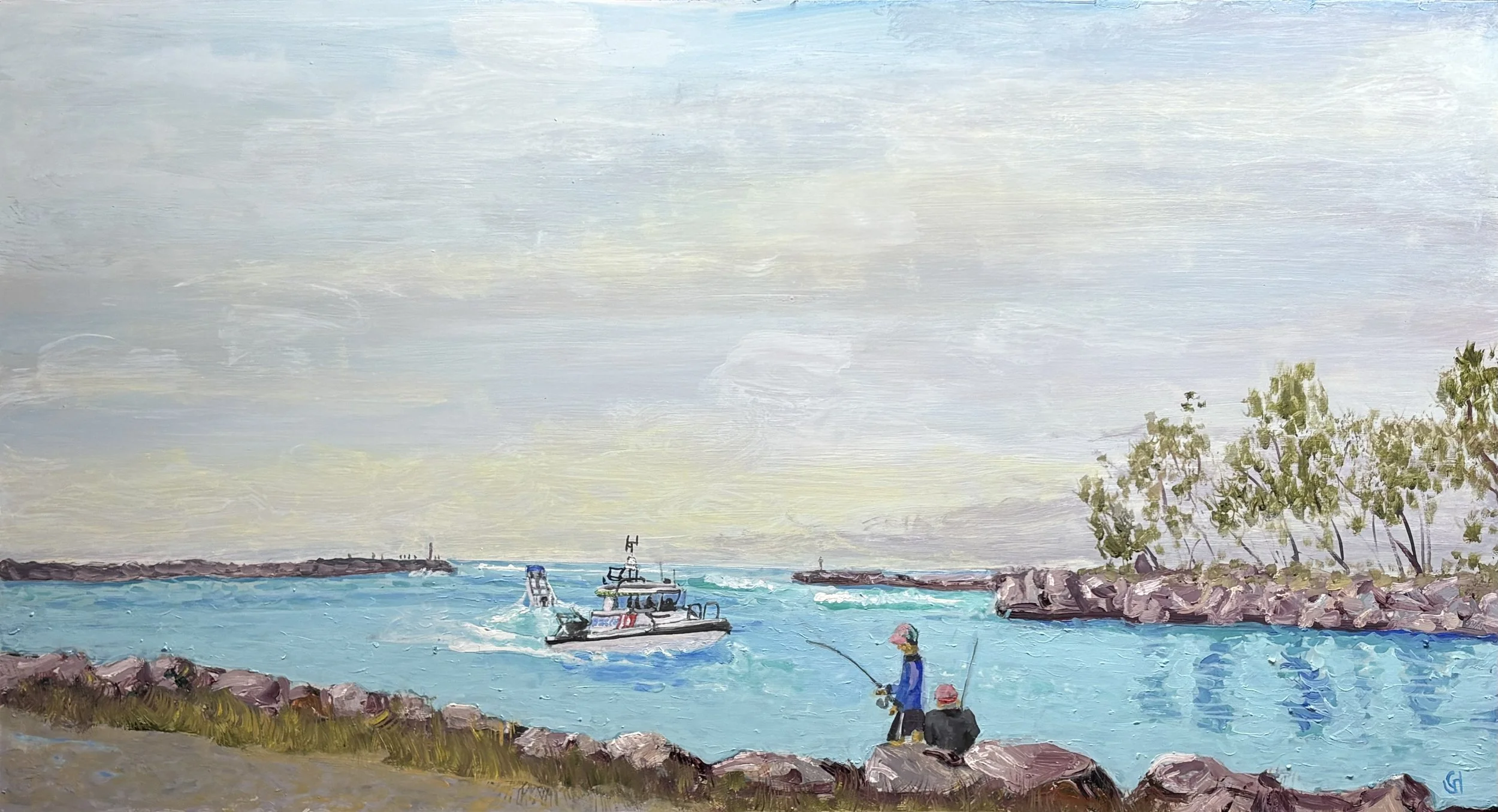 Wooli River Entrance with Rescue Boat - 90 x 48.7 Framed