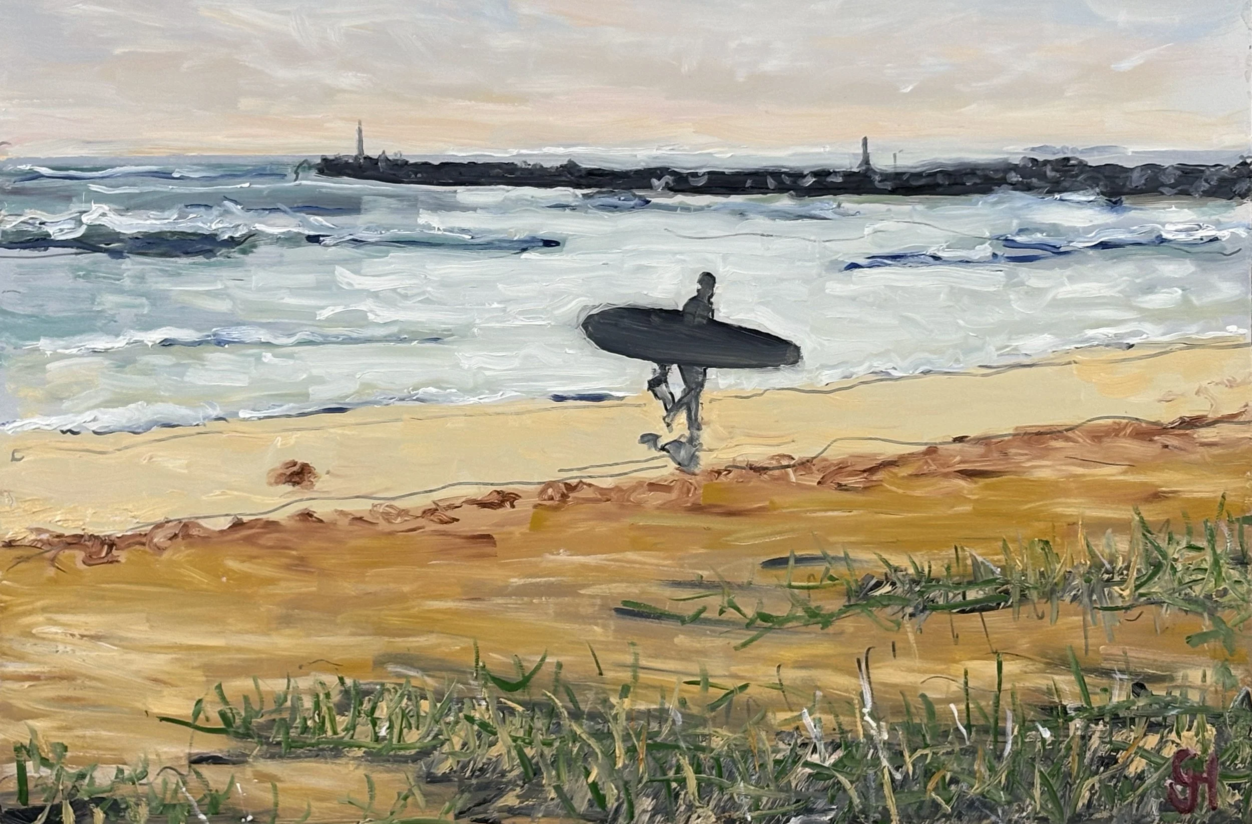Tranquil Coastline with Surfer - Oil painting W63 X H 42 cm