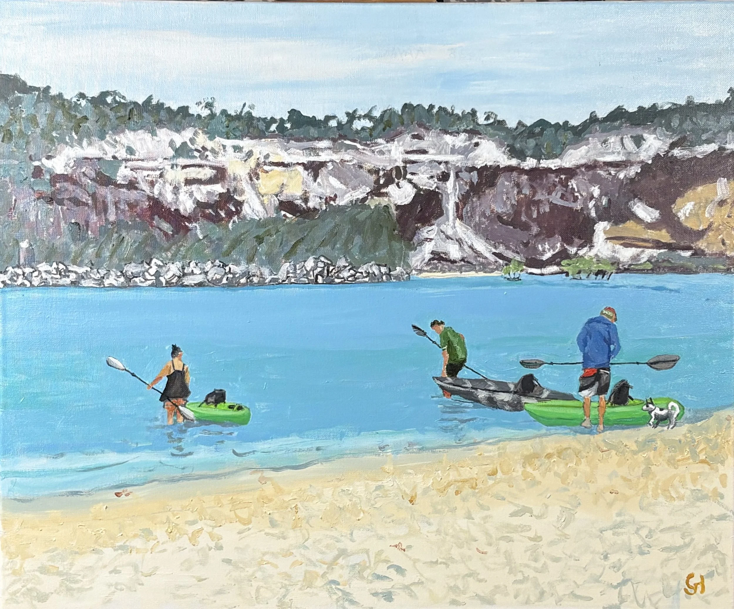Coastal Adventure: Kayaking on Tranquil Shores, 52 x 62 x 3 cm Framed & Ready to hang