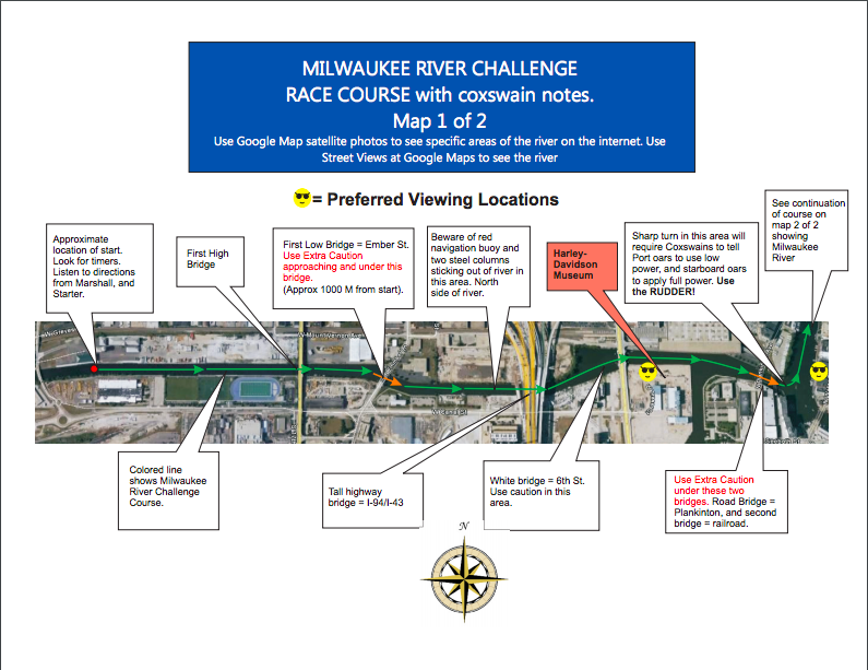 MKE River Challenge course map 1 with coxswain notes & preferred viewing locations