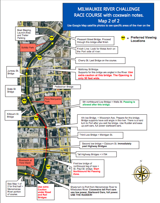 MKE River Challenge course map 2 with coxswain notes & preferred viewing locations