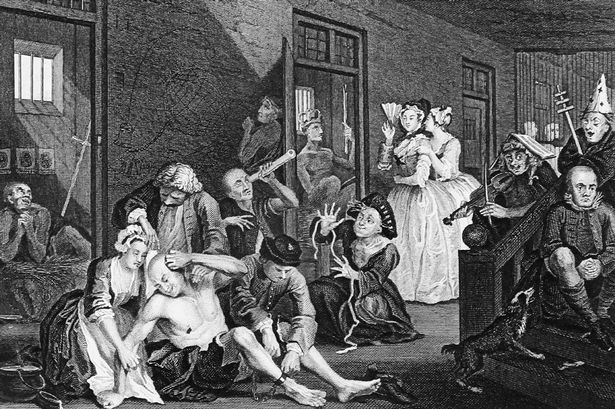 Bedlam from 'A Rake's Progress' 1733, By William Hogarth - “Bedlam” was the byname of Bethlem Royal Hospital due to the noise. Visitors were welcome! For a shilling or two, you could walk through the hospital and gawk at the crazy people.
